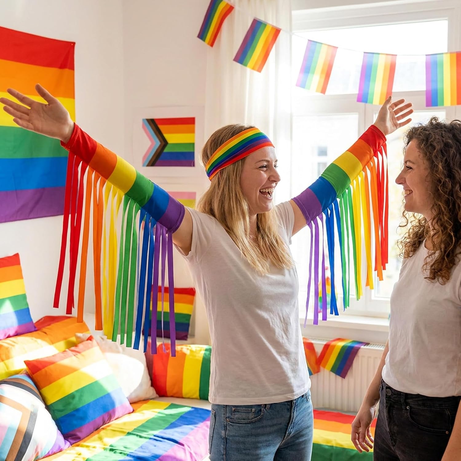 Pride Rainbow Fringe Arm Warmer Set, LGBTQ Colorful Stripe Arm Sleeve, Pride Month Costume for Parade Cosplay Party