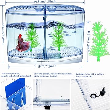 Mini Fish Tank with Divider, Small Beta Fish Tank Shrimp Tank Small Aquarium, 2/5 Gallon Double-Compartment Temporary Tank - Acrylic Aquarium Habitat for Crab Moss Seaweed Ball