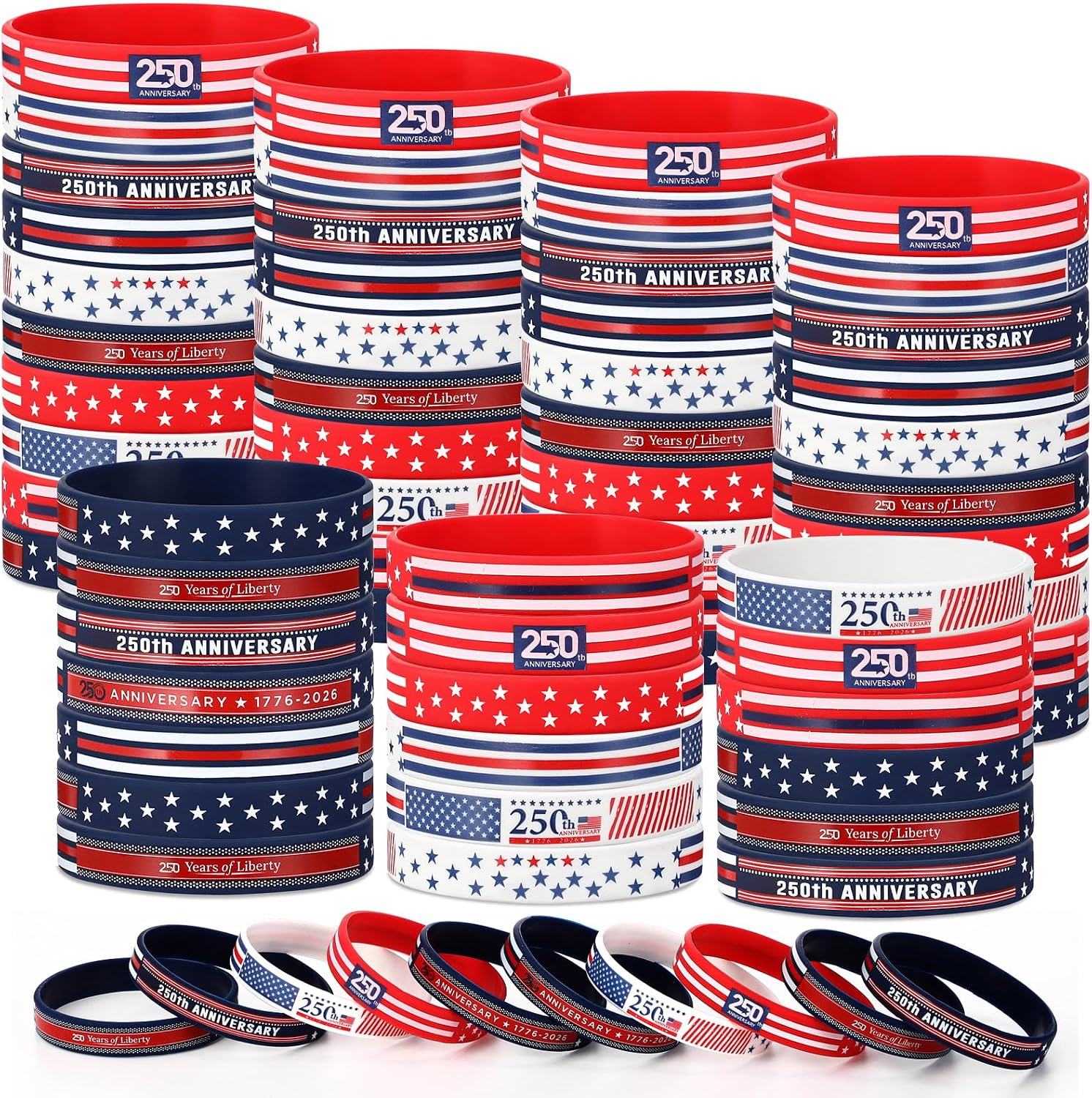 Huquary 200 Pcs Veterans Day Silicone Bracelets Bulk 250th Anniversary Patriotic Rubber Bracelets USA Patriotic Wristband Red White and Blue Hand Band Events Memorial Day Party Favors