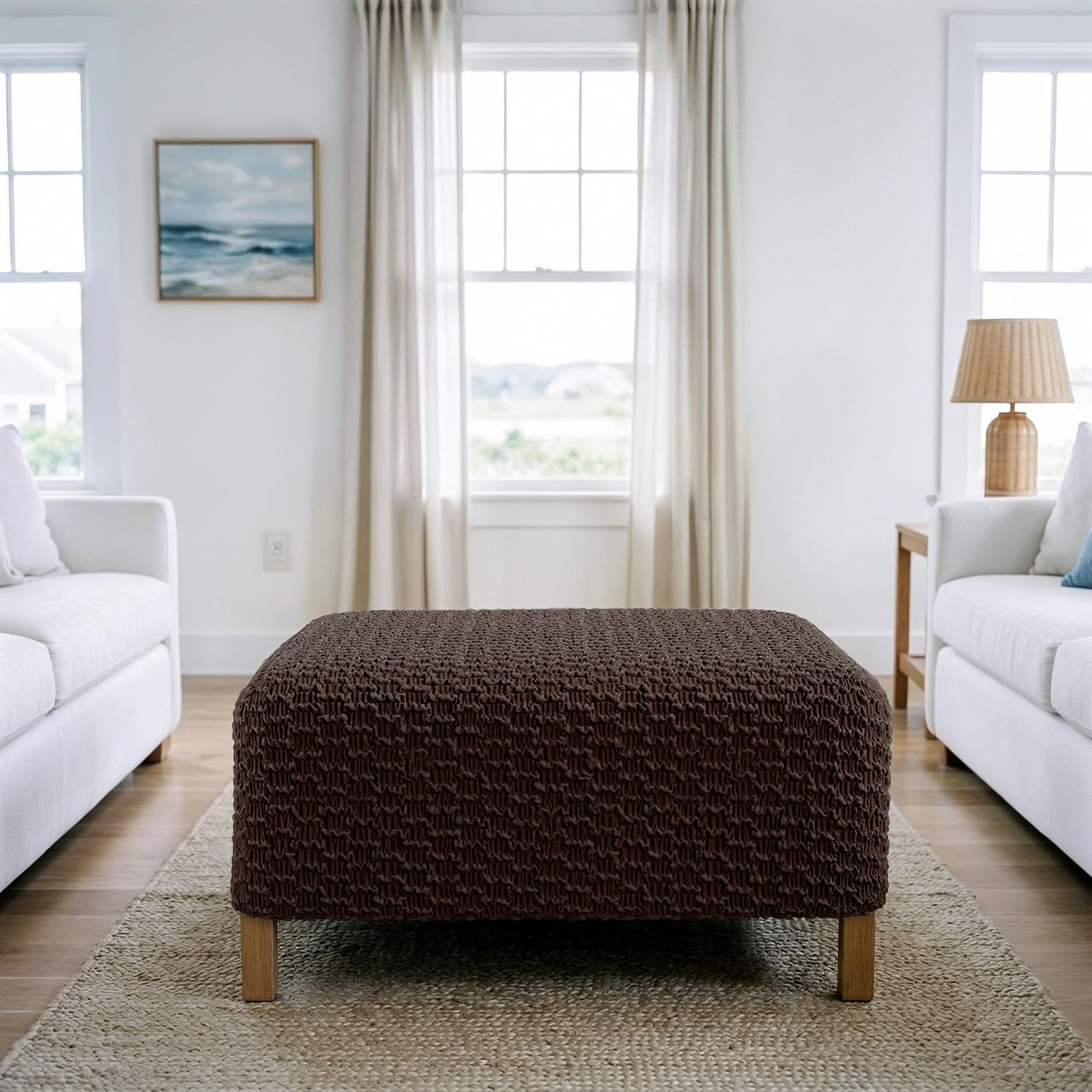 PAULATO BY GA.I.CO. Stretch Ottoman Slipcover 1-Piece – Bi-Elastic Foot Stool Cover for Square or Rectangle Pouf – Furniture Protector Machine Washable – Dark Brown (Medium)