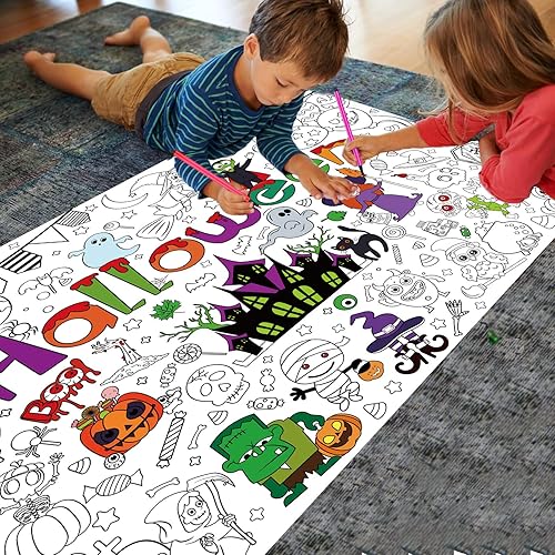 Miniatura 6 de HOWAF Póster/mantel gigante para colorear de Halloween con 24 bolígrafos de pintura, pancarta de papel gigante para colorear, manualidades de