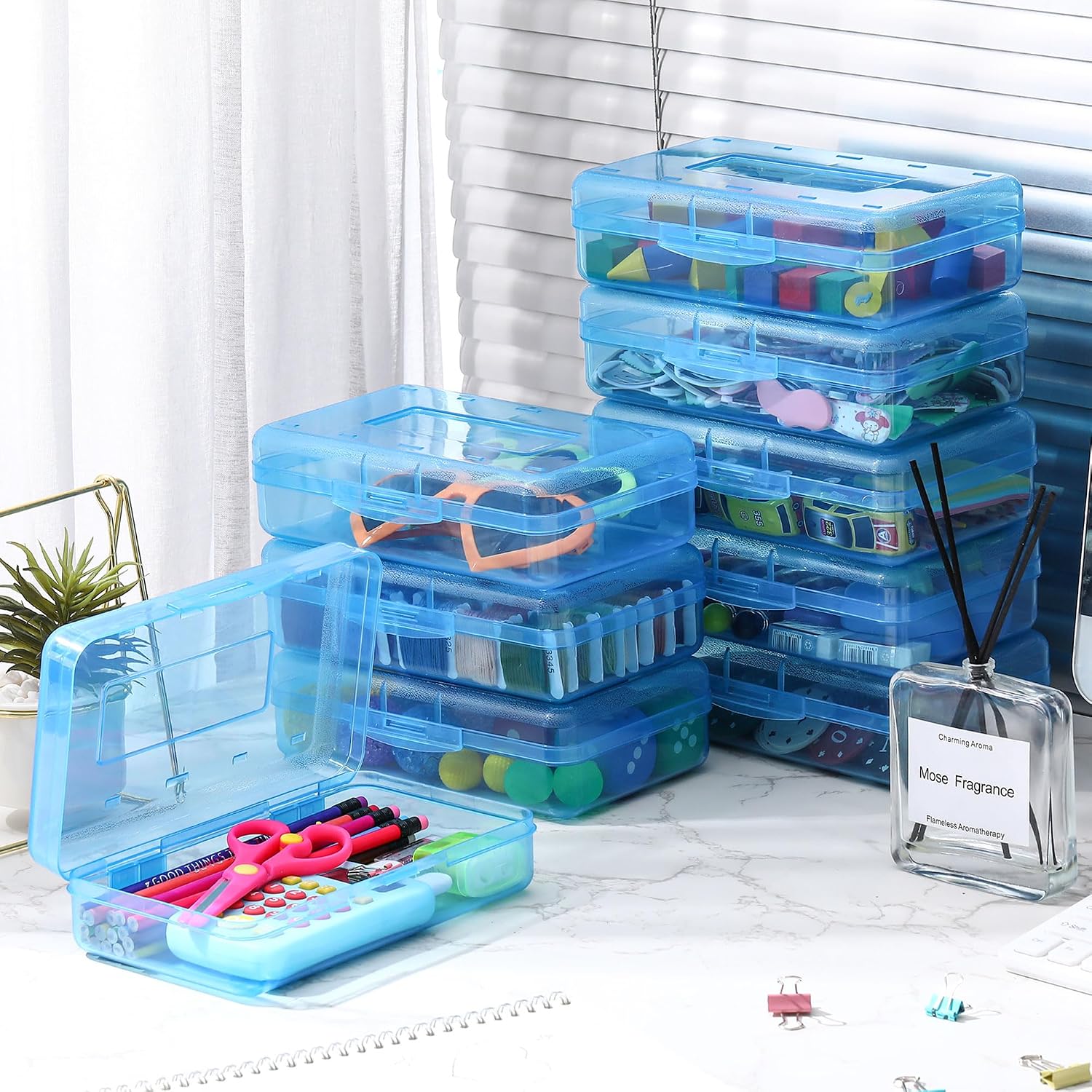 Leelosp 12 Pack Clear Pencil Boxes for School Bulk, Large Plastic Pencil Case with Lid, Stackable Hard Crayon Storage Box for Classroom Kids, Desk Drawer Organizer for Office Home(Blue)