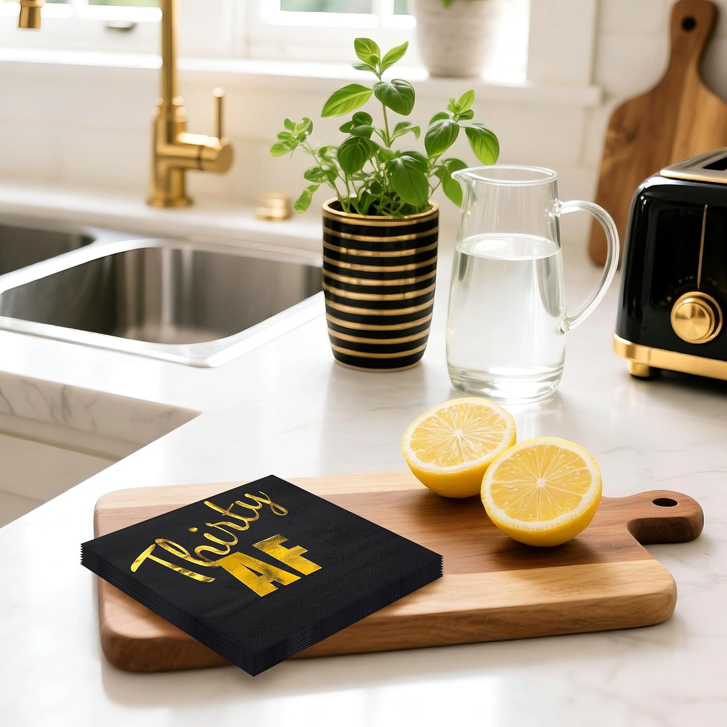 WRAPAHOLIC 25Pcs 30th Birthday Cocktail Napkins - 3-Ply Black Gold Foil Thirty AF Lettering Disposable Paper Napkins for Birthday Party Tableware Party Supplies - 5 x 5 In
