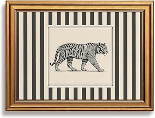 Vintage Gold Framed Tiger Wall Art, Wildlife Pictures Wall Decor, Wild Animal Illustration Striped Canvas Prints Printings, Big Cat Artwork for Living Room Bedroom Office 12x16 Inch
