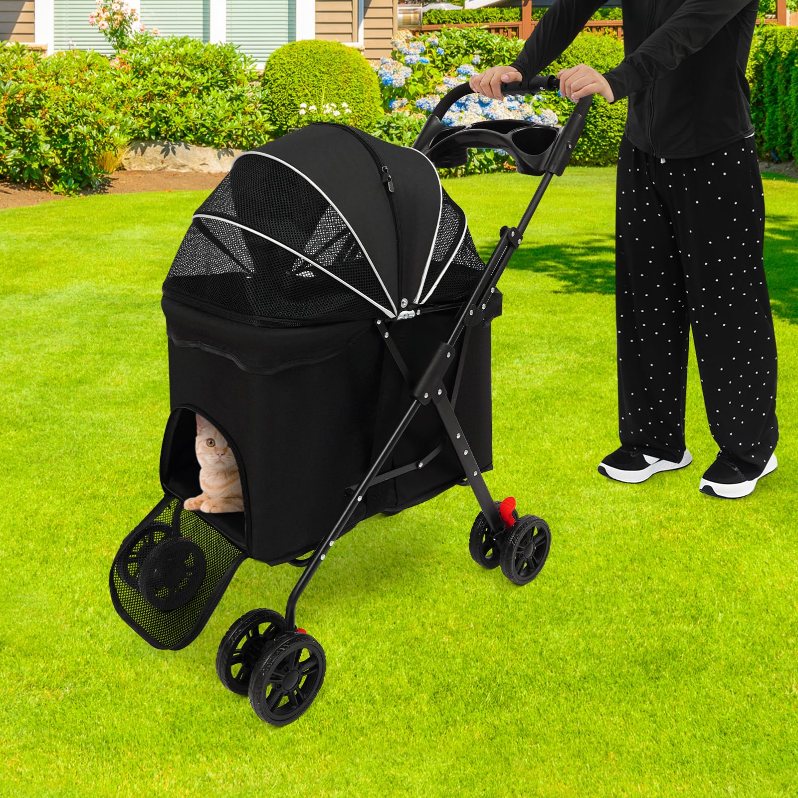 Carrito plegable para perros y gatos, color negro, para perros y gatos de hasta 10 kg, 60 x 33 x 38 cm, 4 ruedas con freno, plegable
