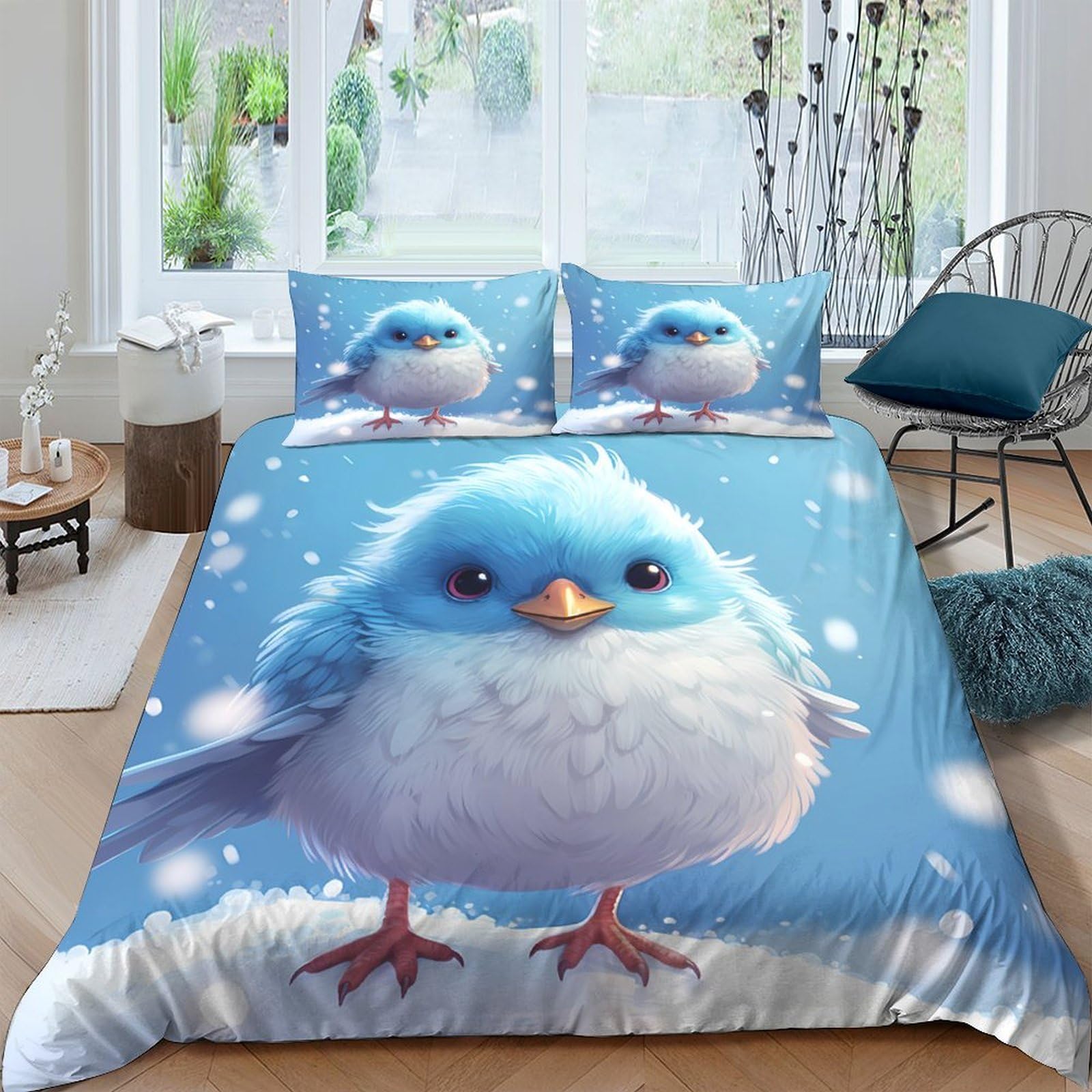 Ctjqhvkz Style-4 3D Printed Blue Bird Fitted Sheet Microfiber Soft Breathable Snowy Forest Bed Cover For Bedroom Dorm Decor Single（135X200cm）