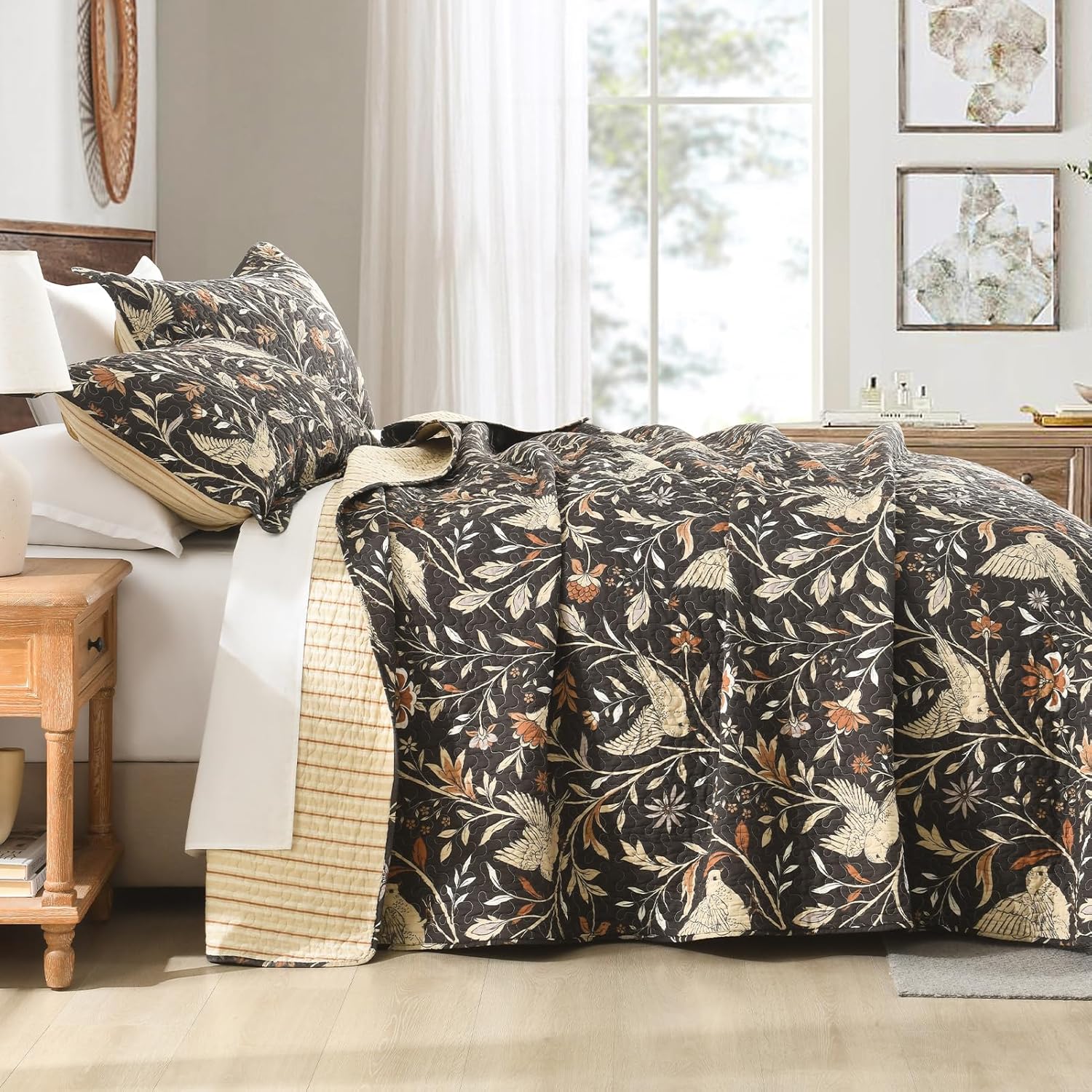 100% Cotton Quilt Set King Size - Floral Quilted Comforter, Reversible Botanical Bird Pattern Farmhouse King Quilt Bedspread, Vintage Chic Lightweight Bedding, 3pcs, Dark Chocolate Brown