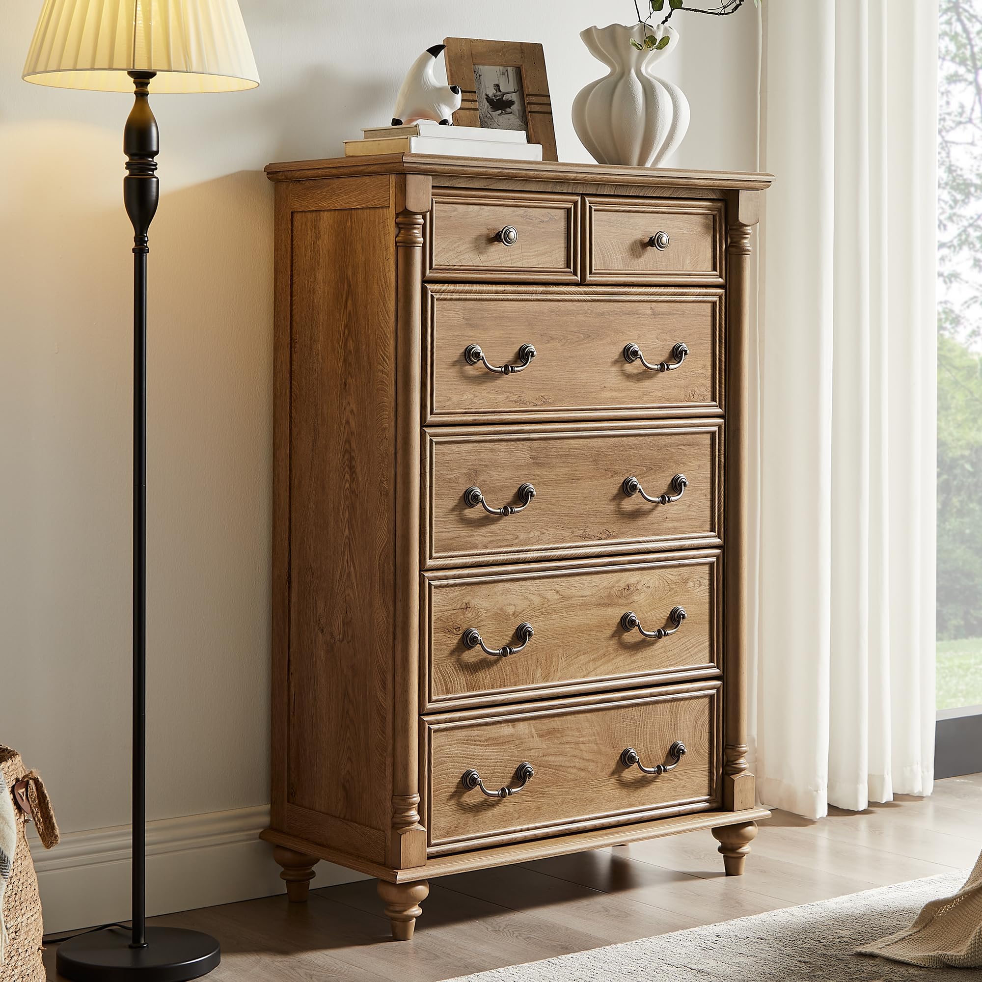T4TREAM Farmhouse 6-Drawer Dresser with Solid Wood Feet, Light Tree Knot