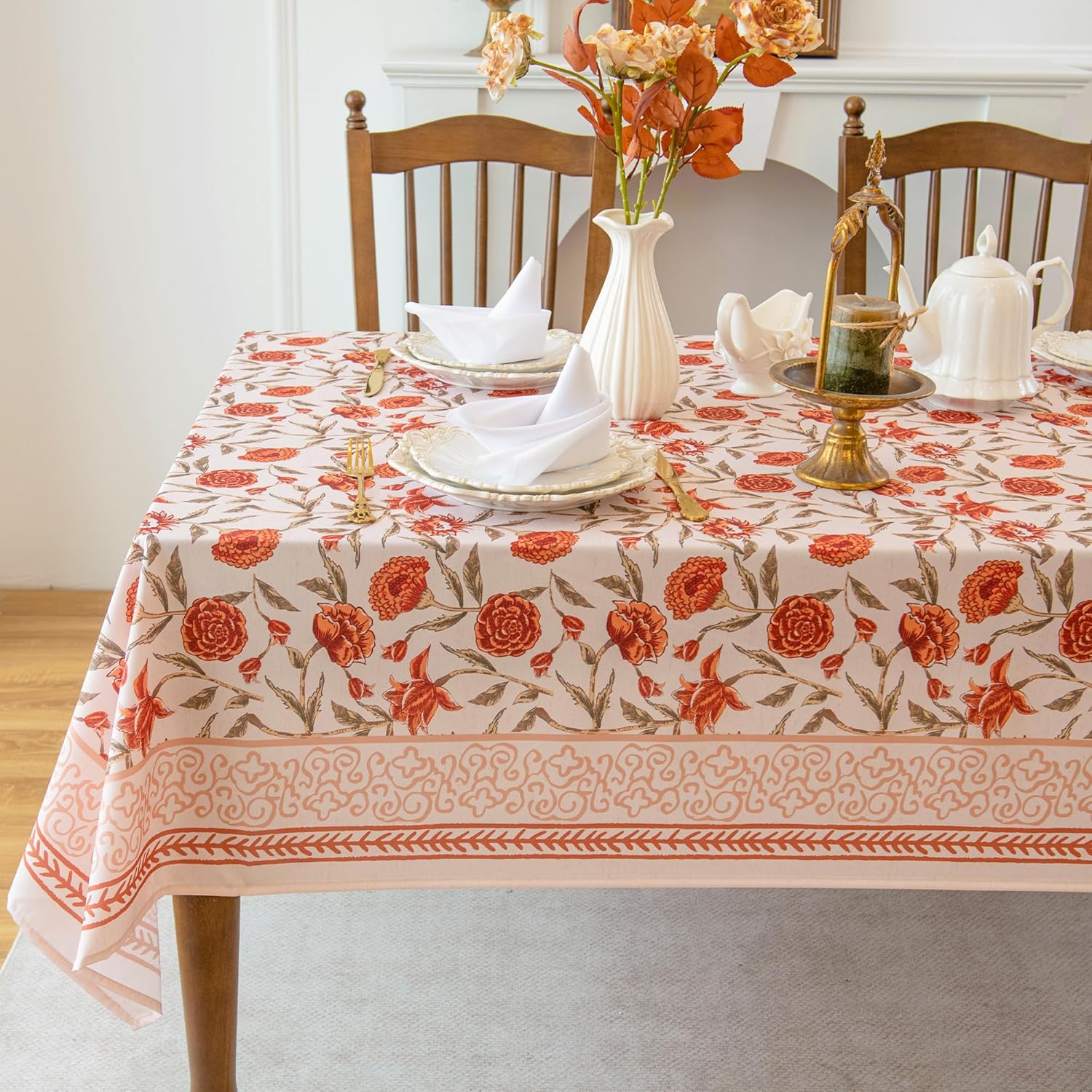Valentine's Day Tablecloth 84 inches Length, Red Floral Waterproof Tablecloth Vintage French Style Home Decor, Elegant Floral Design, Stain Resistant, Perfect for Dining & Kitchen, W60 x L84