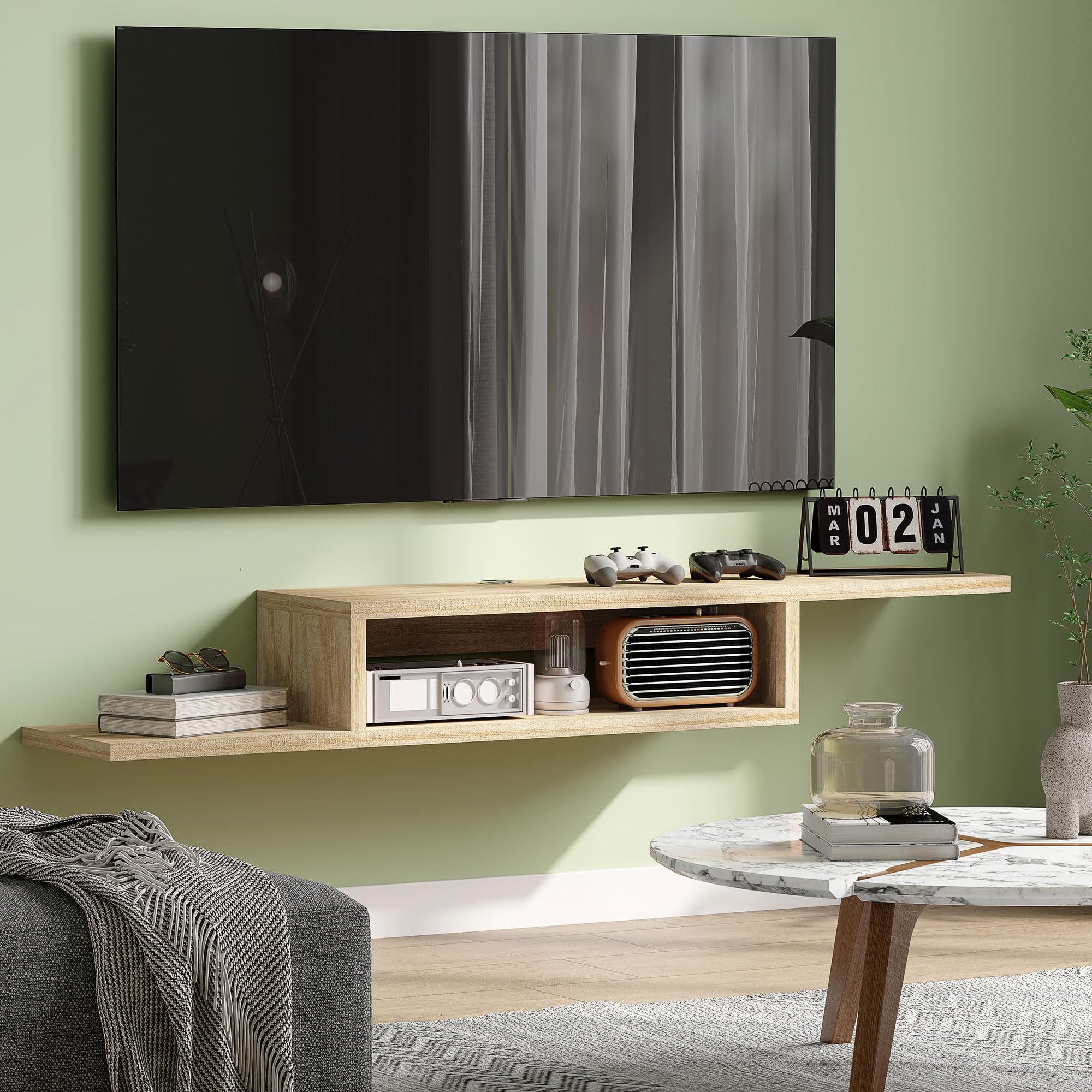 HOMCOM Meuble TV Mural Flottant Suspendu Support TV - étagère Murale Flottante - Niche, Passe-Fils - chêne Clair