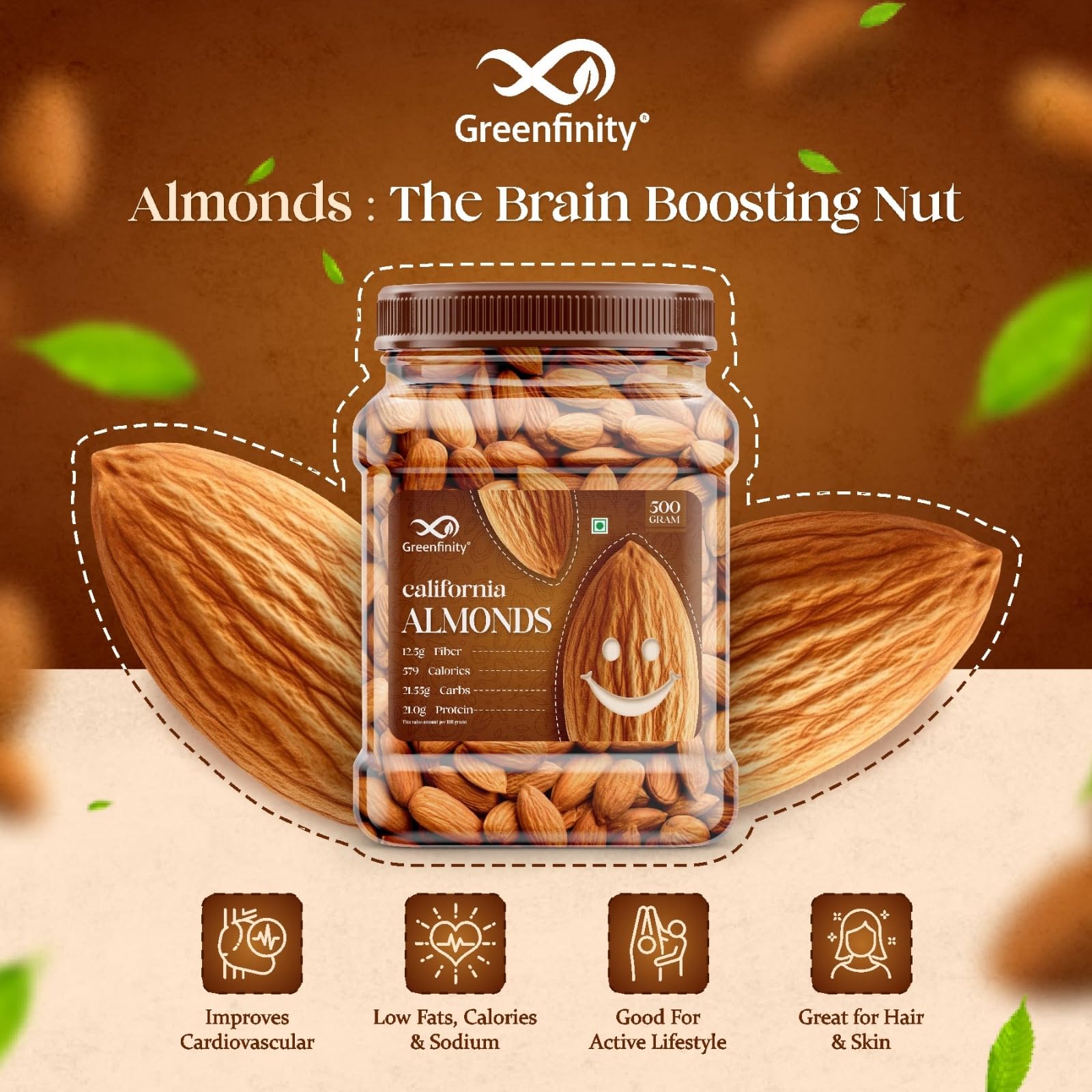 GreenFinity Premium Almonds & Cashews Combo – 500g Each (1kg Total) | Crunchy Whole Nuts in Reusable Jar | Protein-Rich Healthy Snack | No Preservatives | Vegan & Gluten-Free 2