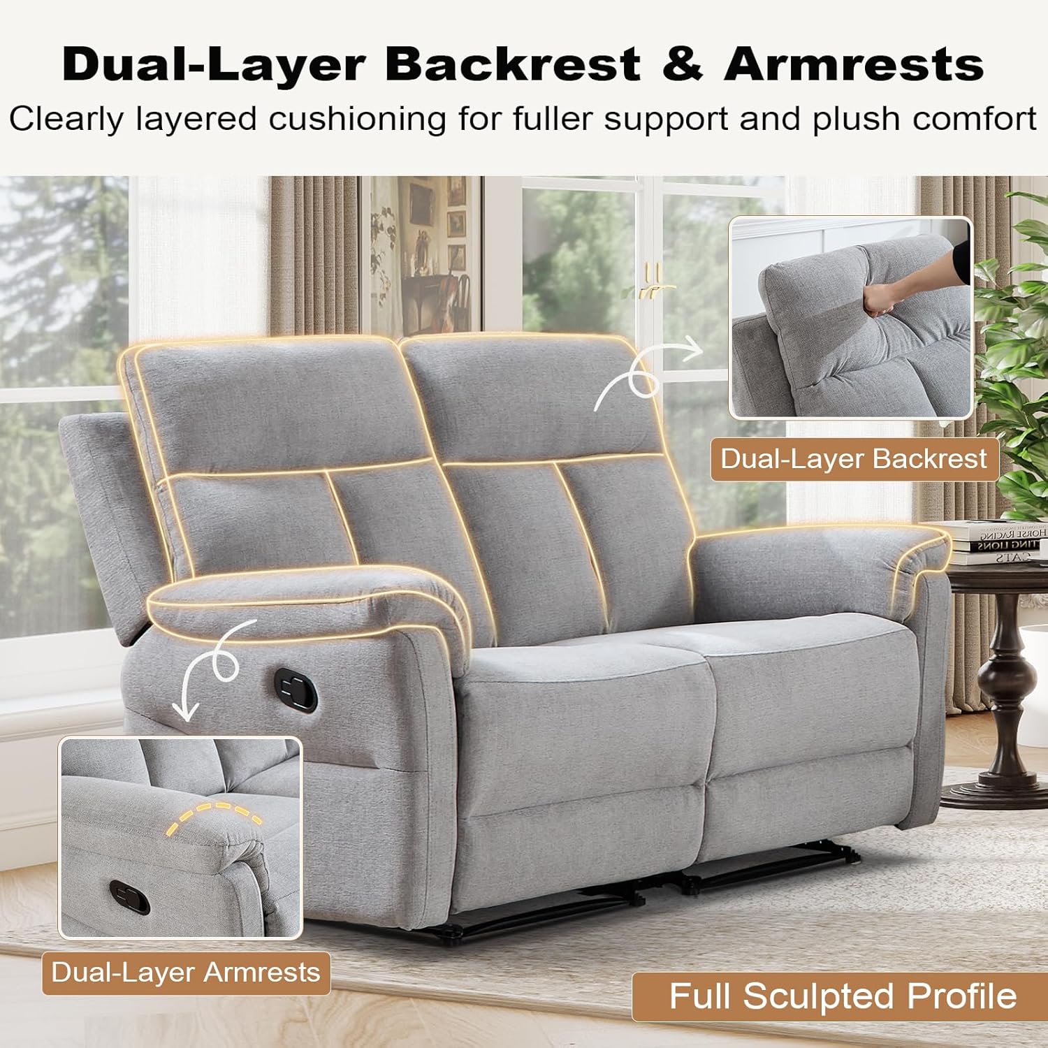 ANJ 2-Piece Manual Recliner Sofa Set, Reclining Loveseat and 3 Seat Sofa with Overstuffed Backrest and Supportive Backrest, Fabric Reclining Couch Set for Living Room, Silver