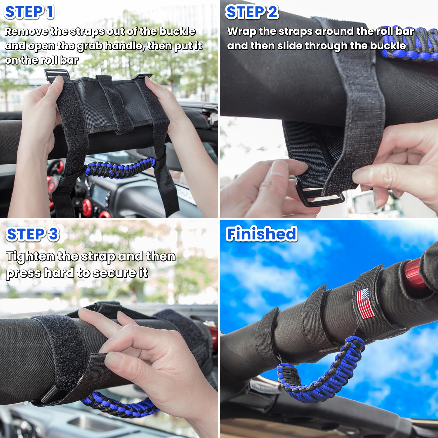 4 maniglie per roll-bar per Jeep Wrangler YJ TJ JK JKU JL JLU Sport Sahara Freedom Rubicon Unlimited X Gladiator JT 1955 – 2024 UTV ATV Premium Paracord accessori interni bandiera americana (blu)