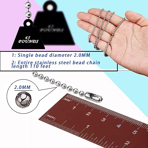 Miniatura 2 de Cadena de cuentas de bola de 0.079 pulgadas, cadenas extralargas de acero inoxidable de 110 pies, cadena de placa de identificación para perro con