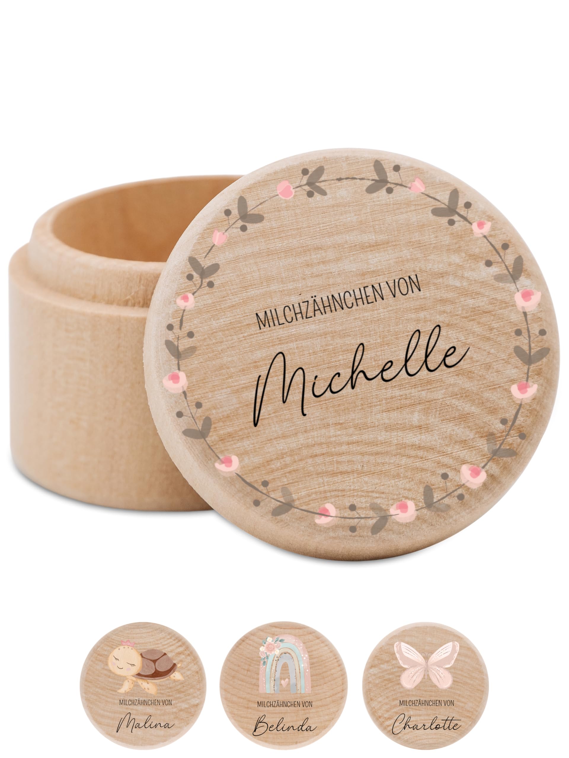 Bärenfreunde - Milchzahndose personalisiert aus Holz mit kinderfreundlichem UV-Druck - Zahndose Milchzähne als Erinnerung an die ersten Zähnchen (Blumenkreis rosa)