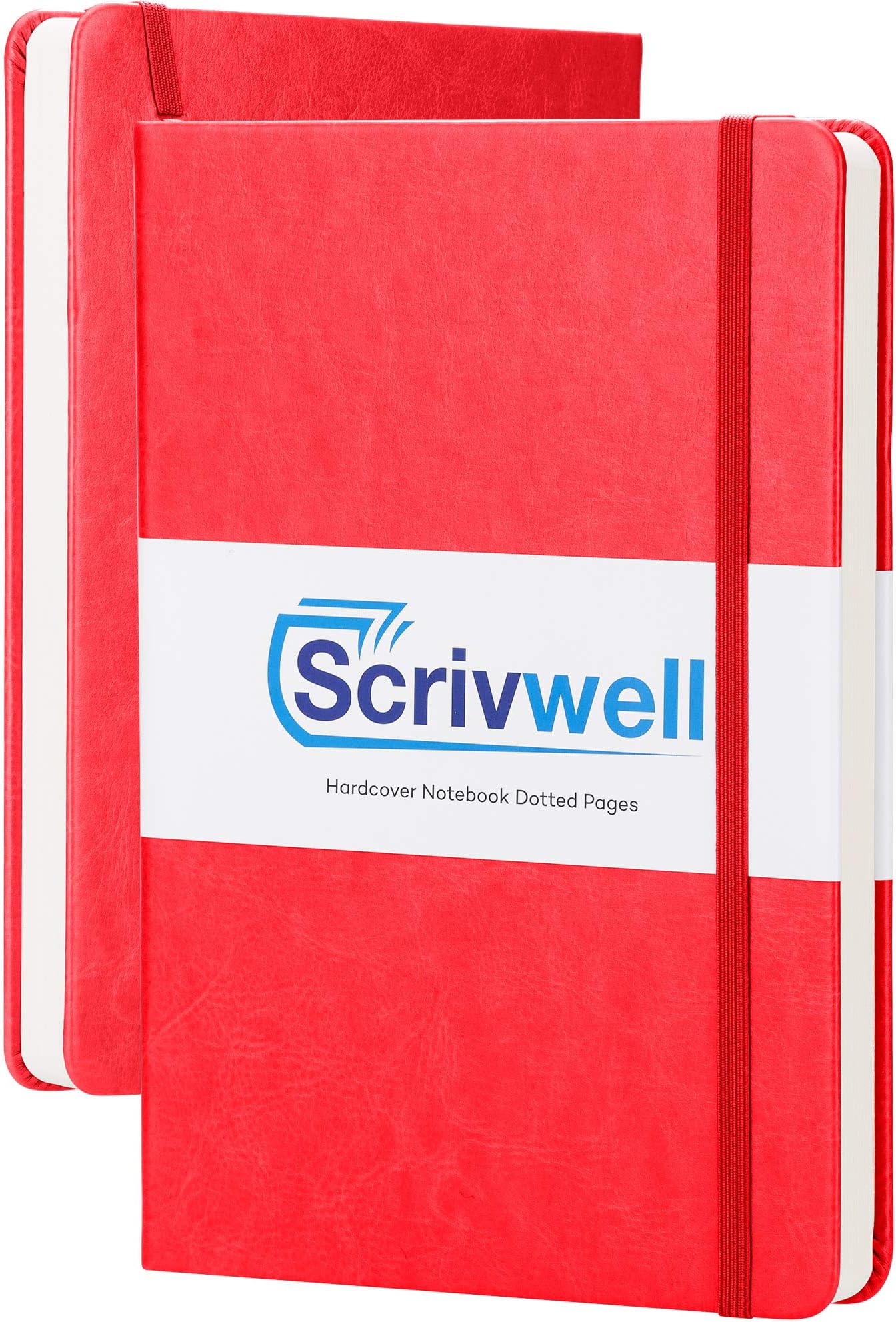 Dotted A5 Hardcover Notebook - 208 Dotted Pages with elastic band, two ribbon page markers, 120 GSM paper, pocket folder - great for bullet journaling - Red