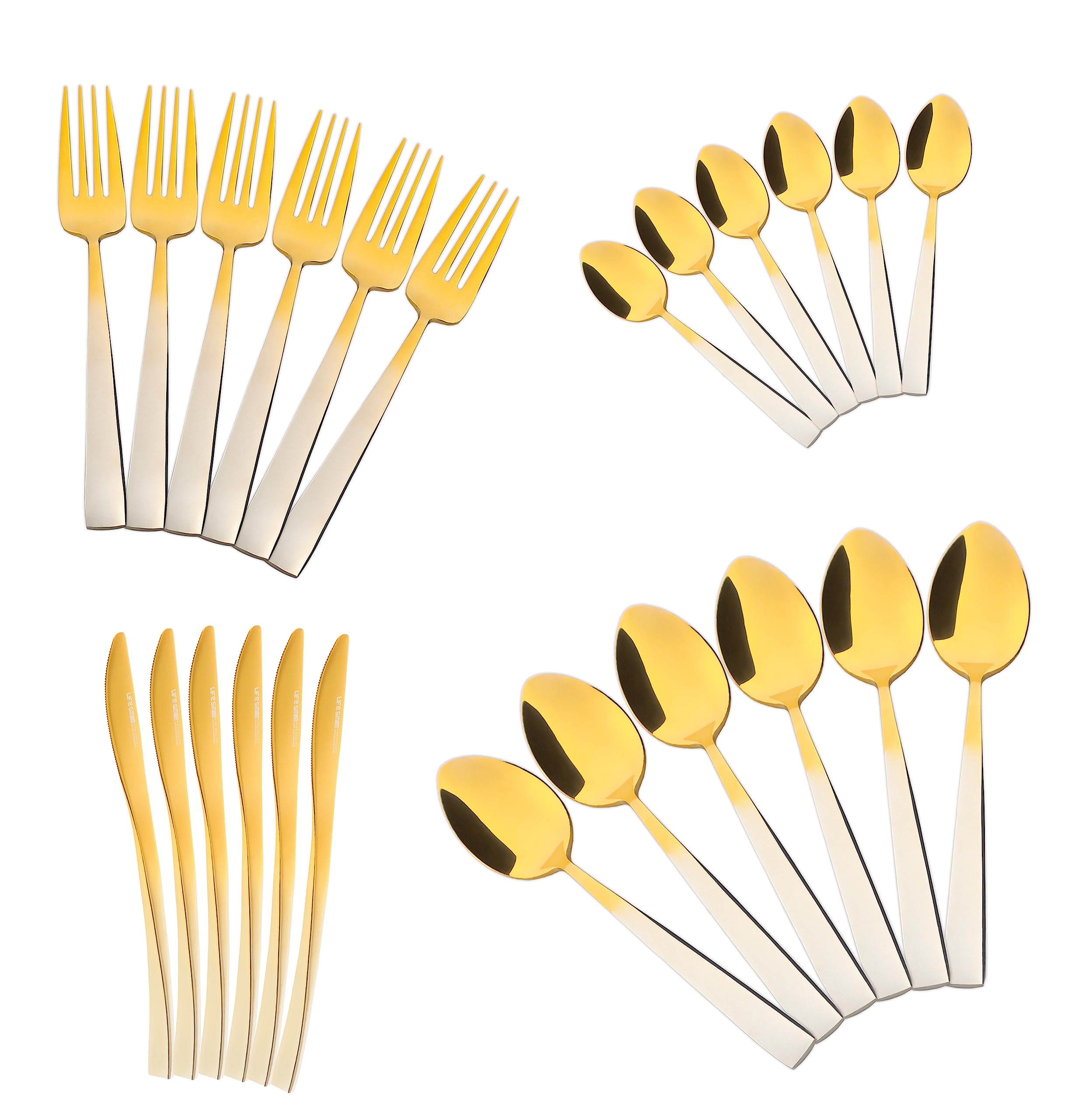 LIFE SMILE Cutlery Set, 18/10 Pure Stainless Steel Flatware Set with Stand, Rust Proof & Fade Proof Dinnerware Set (GOLD GRADIENT, 24 Pieces)