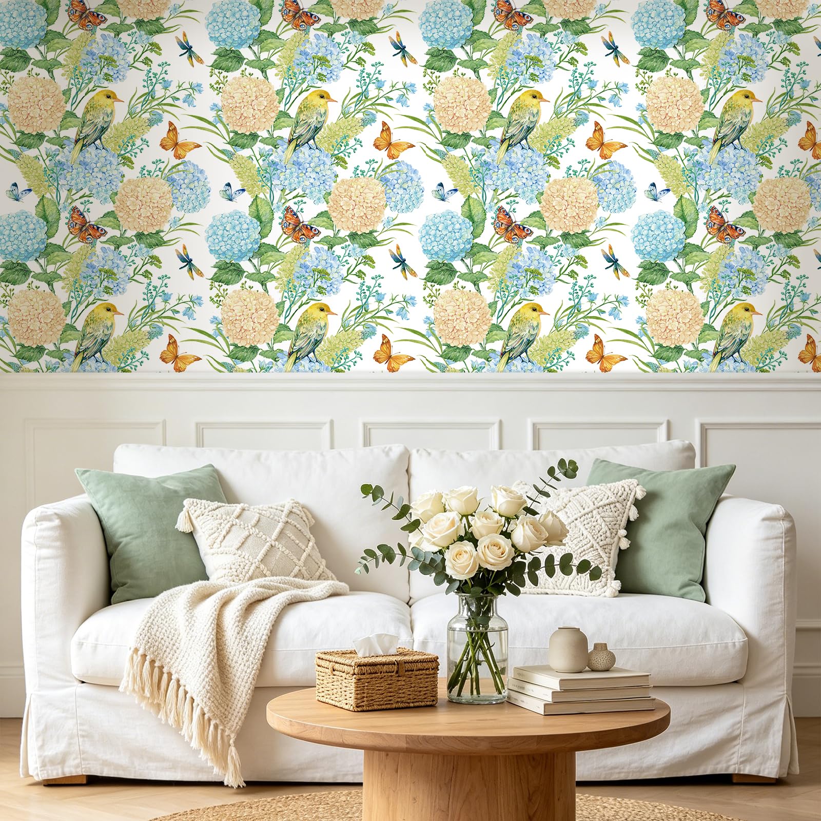FunStick 44.5CM×9M Carta da Parati Adesiva Muro Floreale Bianca Pellicola Autoadesiva per Muro Bagno Rivestimento Decorativo Carta Adesiva per Mobili Bianca Floreale Uccelli e Libellule Acquerello
