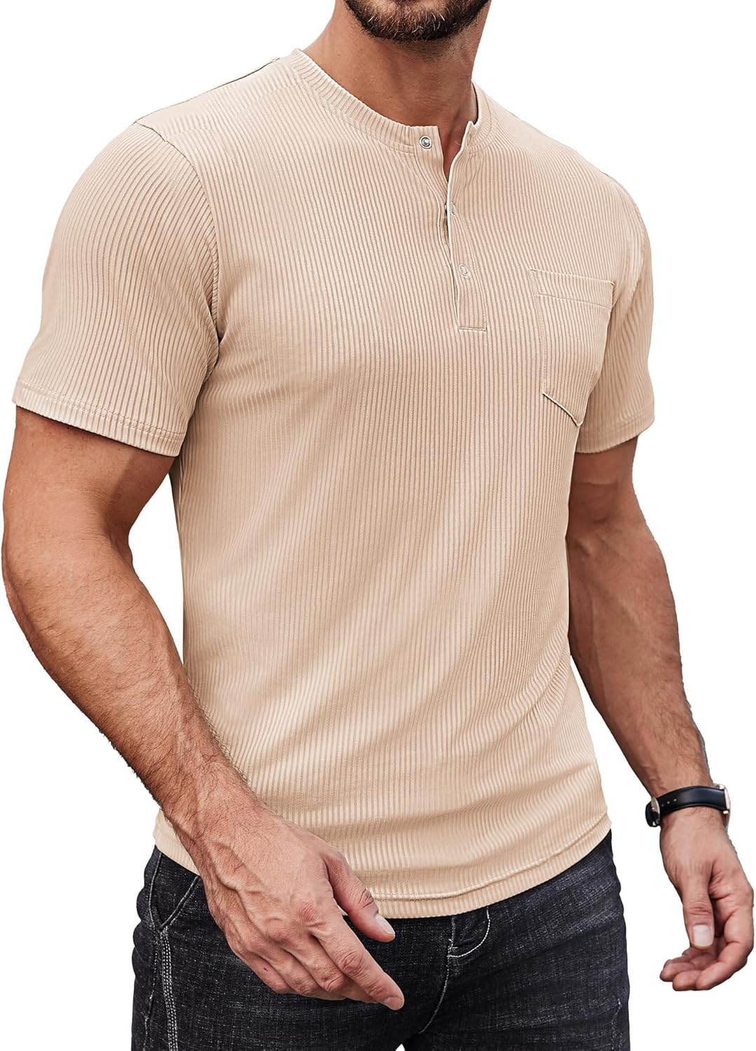 COOFANDY Mens Henley Shirts Short Sleeve Tshirt Basic Button Tees Summer Ribbed Pocket T Shirt Casual Stretch Tops