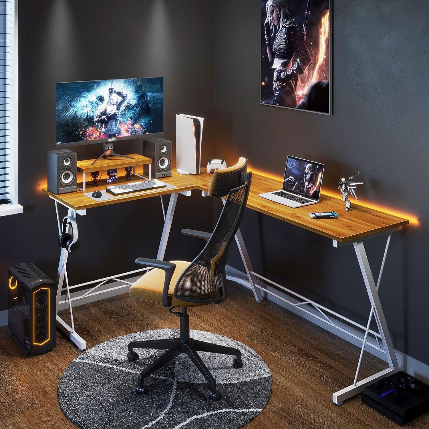 L Shaped Gaming Desk, Home Office Desk with Round Corner Computer Desk with Large Monitor Stand Desk Workstation : Everything Else