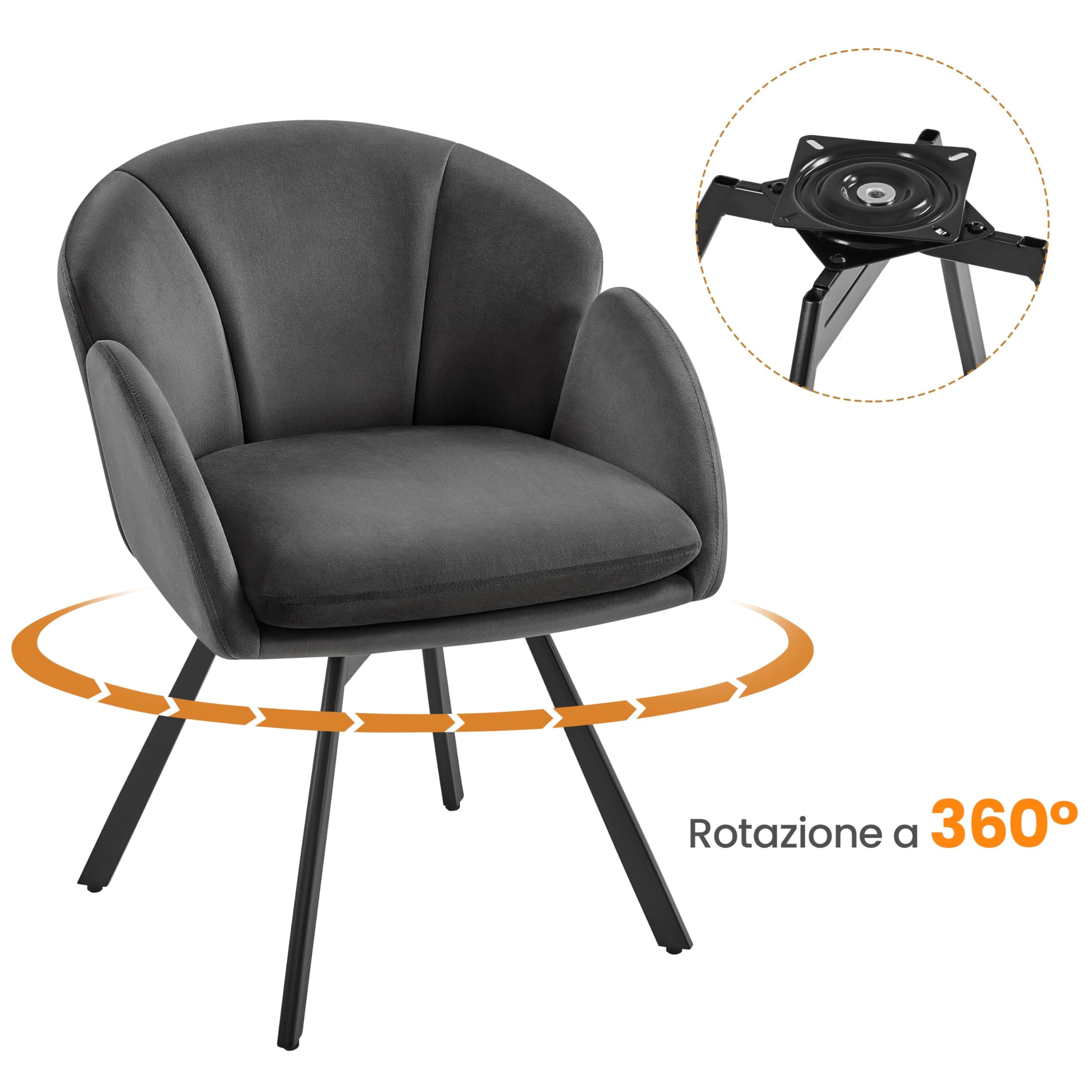 Yaheetech Poltrona Girevole a 360° da Camera da Letto, Sedia da Trucco Moderna a Forma di Fiore in Velluto di Ciniglia, Poltroncina per Camera Salotto Ufficio Grigio Scuro