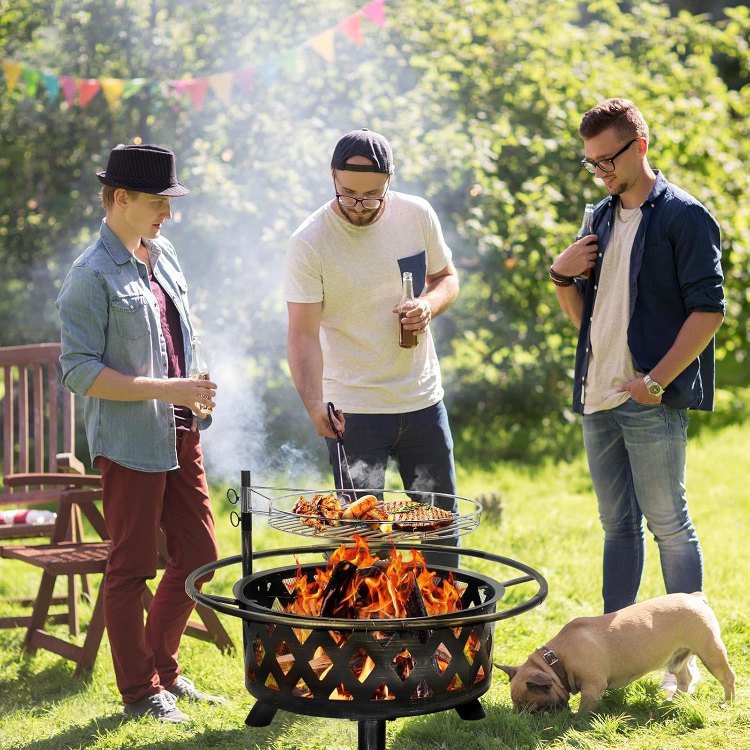 2 in 1 Firepit with Grill 30 Inch Outdoor Fire Pit with Mat & Spark Screen & Cooking Grate - Large Round Steel Fire pits for Patio, Backyard & Garden - Includes Poker for Wood Burning & Camping Use