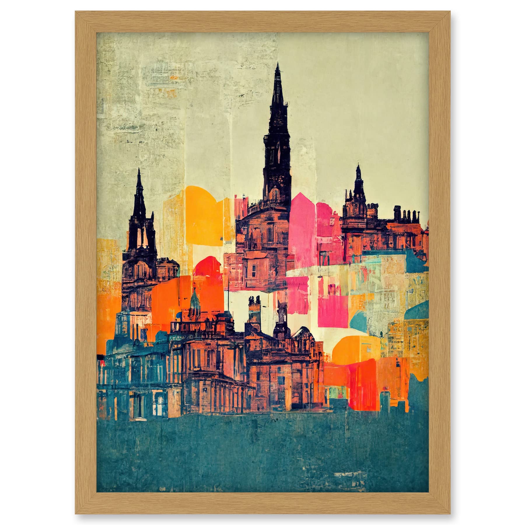 Wee Blue Coo Boho Abstract Multi Coloured Cityscape Skyline Painting Folk Art Artwork Framed A3 Wall Art Print