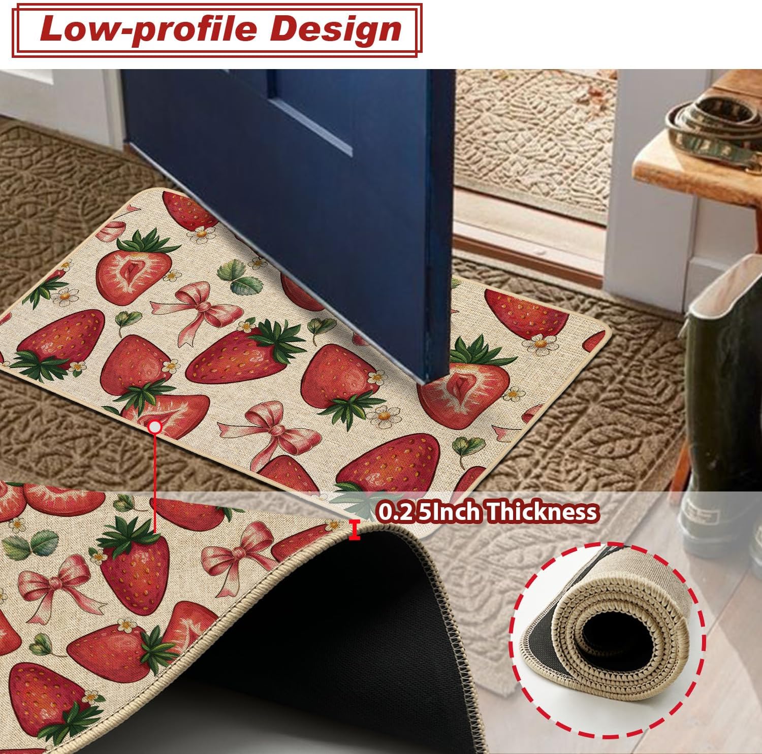 Baccessor Spring Summer Strawberry Kitchen Rugs Set of 2, Berry Sweet Fruit Kitchen Mats for Floor Sink Home Decoration 17x29 and 17x47 Inch