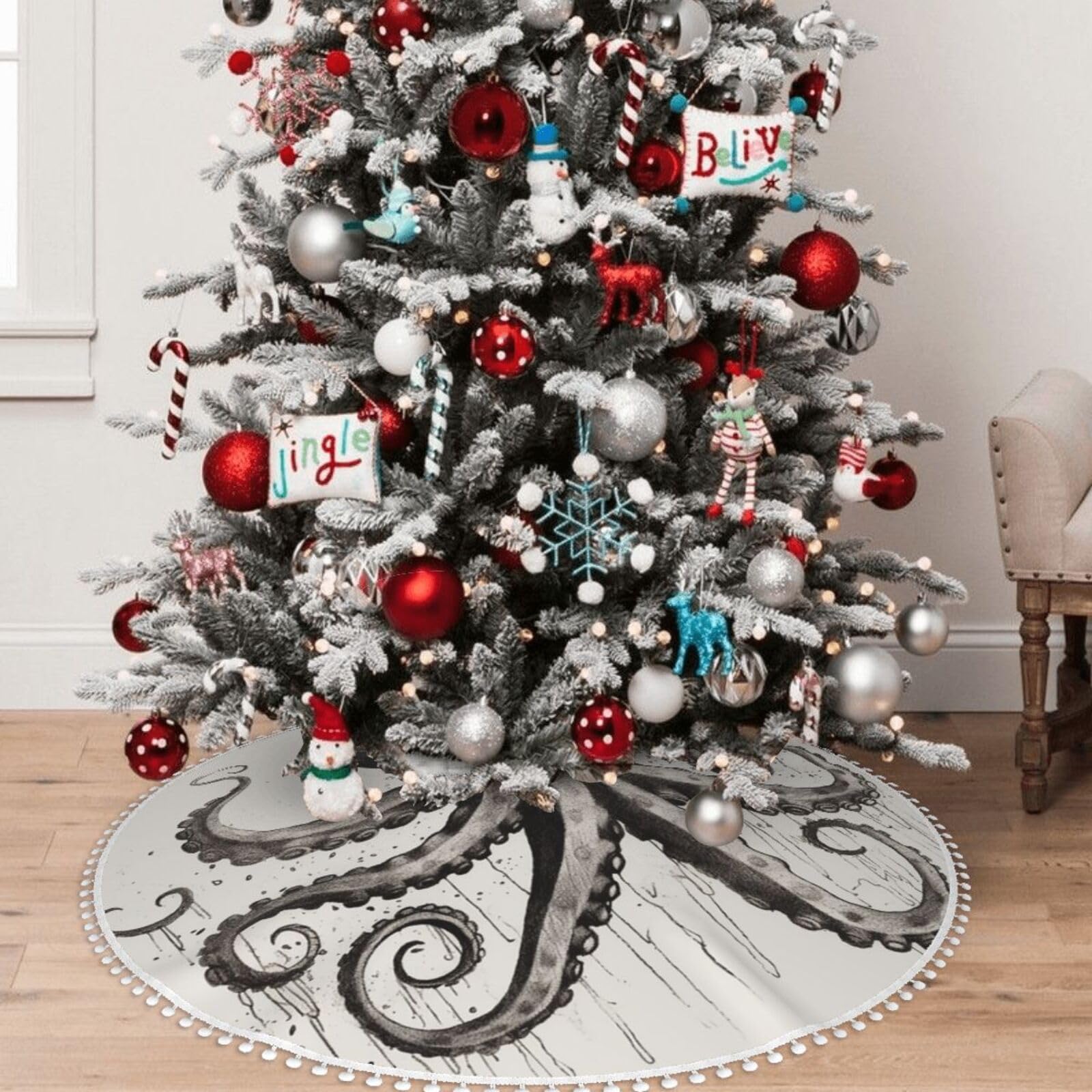 BAKAJI Tappeto Gonna Copertura per Base Albero di Natale Diametro 78cm in Morbido Tessuto Peluche Bianco Effetto Neve Innevato Decorazioni Natalizie