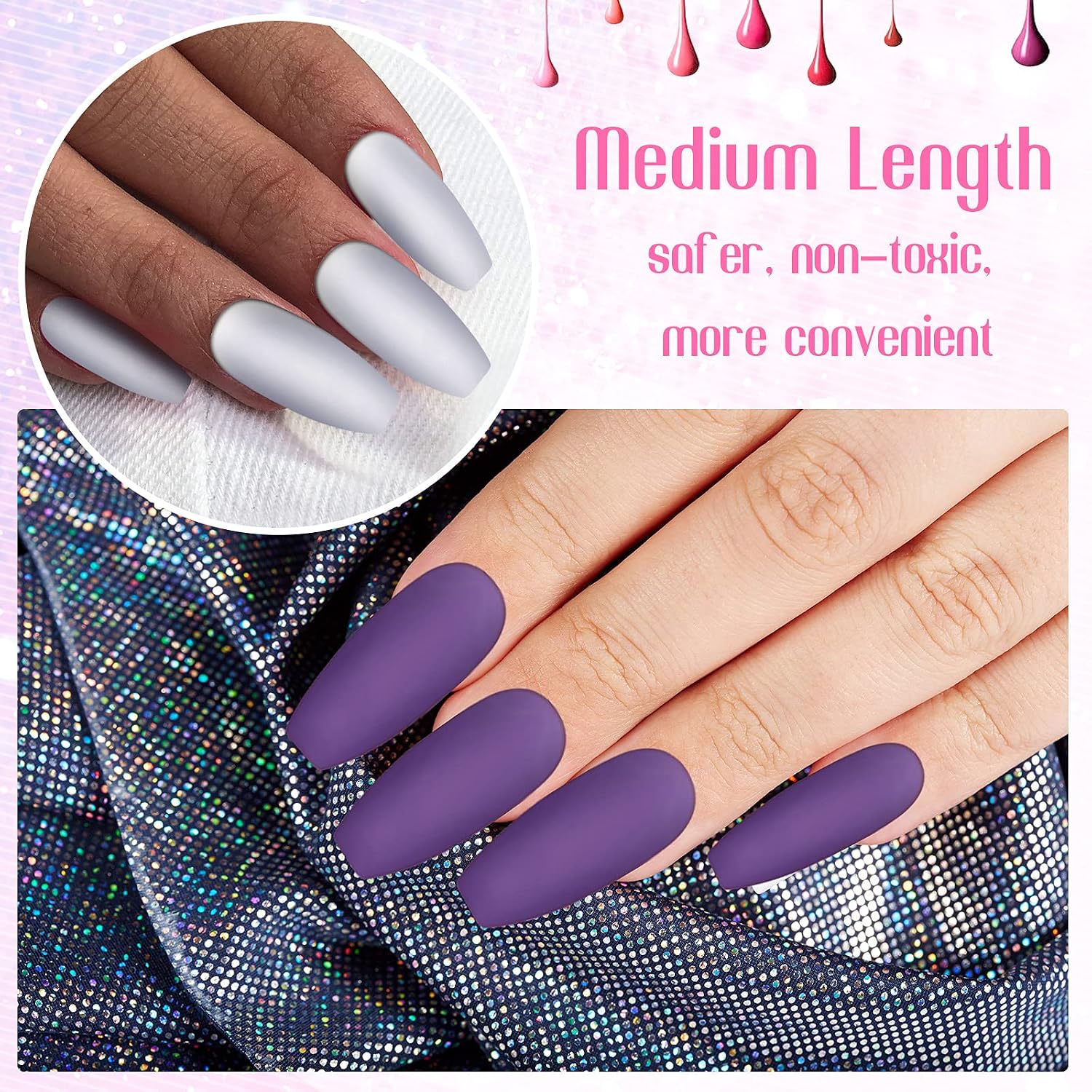 480 Pieces 20 Sets Coffin Press on Nails Medium Length Matte False Nails Gradient Solid Color Fake Nails Full Cover Fake Nail Tips Glossy Artificial Nails for Women Girls Nail Art (Matte and Glitter)