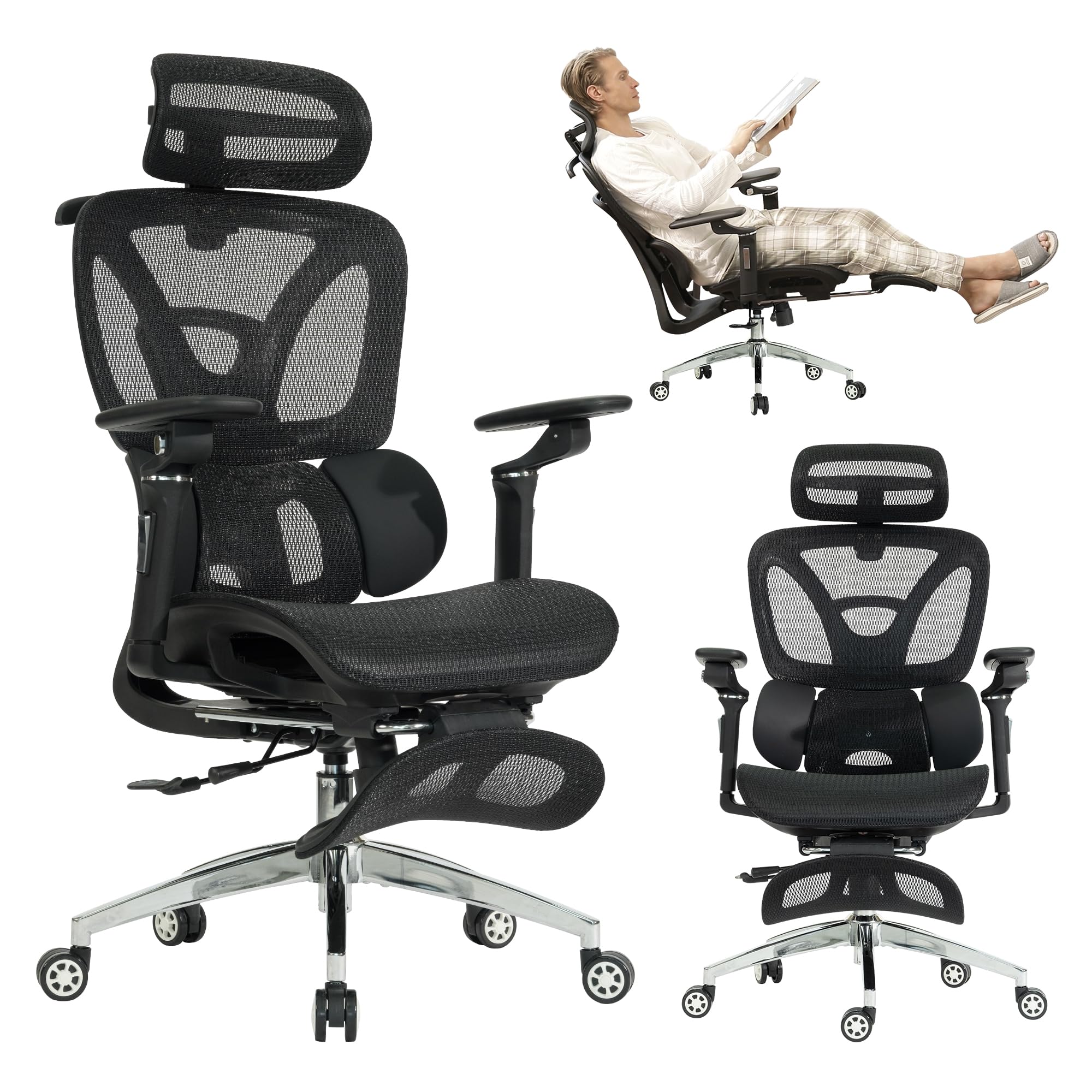 Ergonomic Mesh Office & Gaming Chair with Footrest, High Back Home Office Desk Chair, Comfortable 3D Lumbar Support, 130° Tilt, Adjustable Seat Depth,