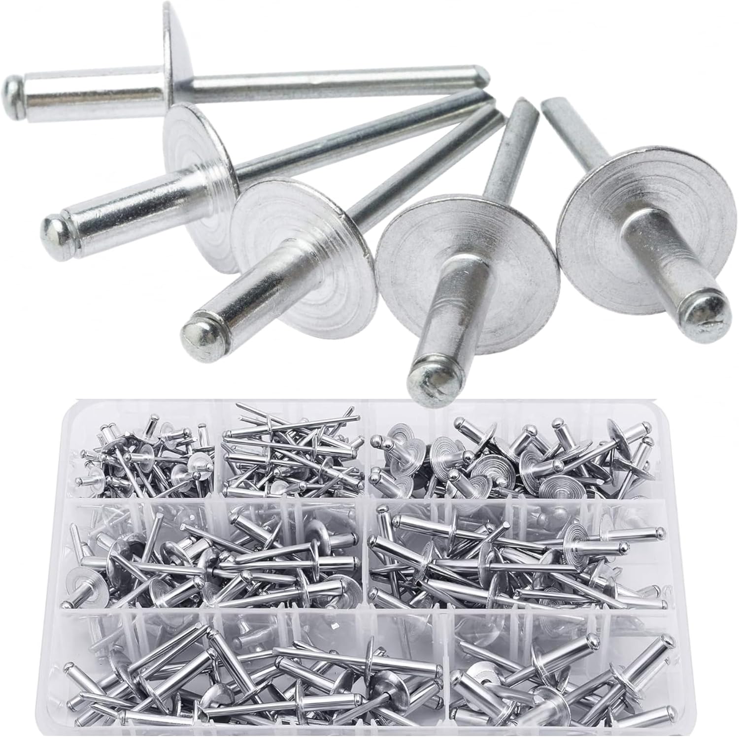 LAZIRO215PCS Pop Rivets Assortment Kit, Large Flange Aluminum Rivets(1/8" 5/32" 3/16") Assorted Blind Rivets with Case(Silver) (Rivets Assortment Kit)