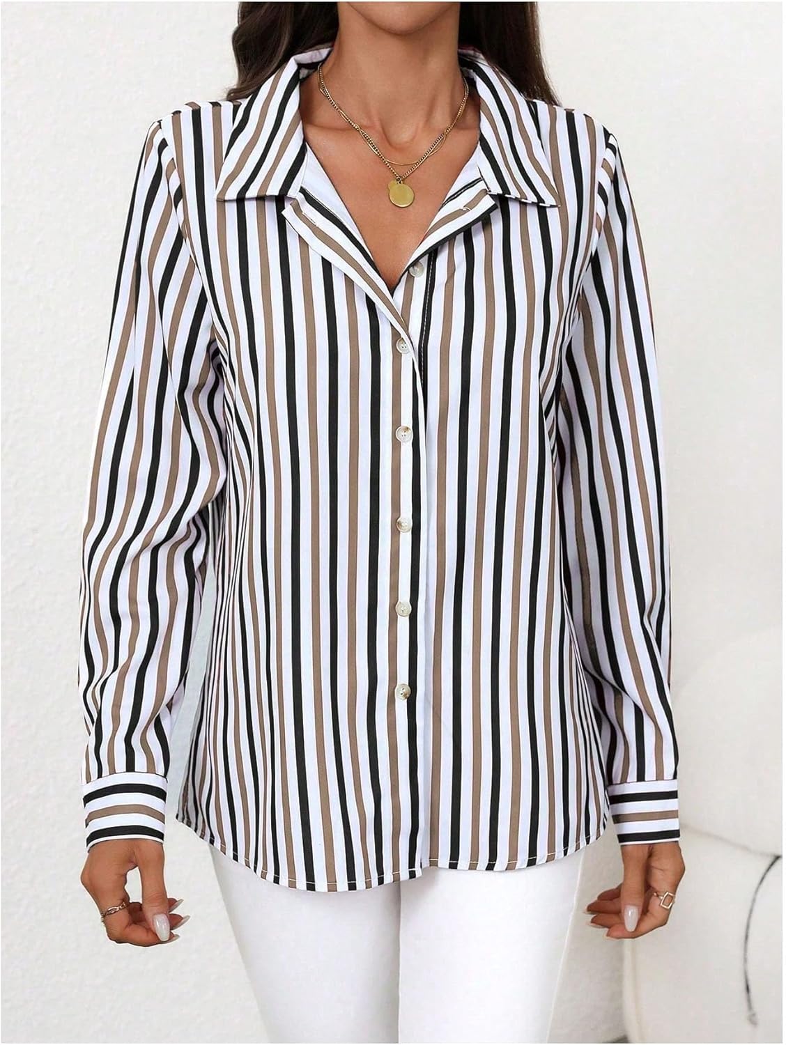 SweatyRocks Women's Striped Button Down Tops Long Sleeve Blouse Casual Collared Office Work Shirt