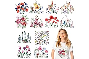 12 Sheets Wild Flower Iron on Stickers Large Flower Butterfly Sunflower Iron...