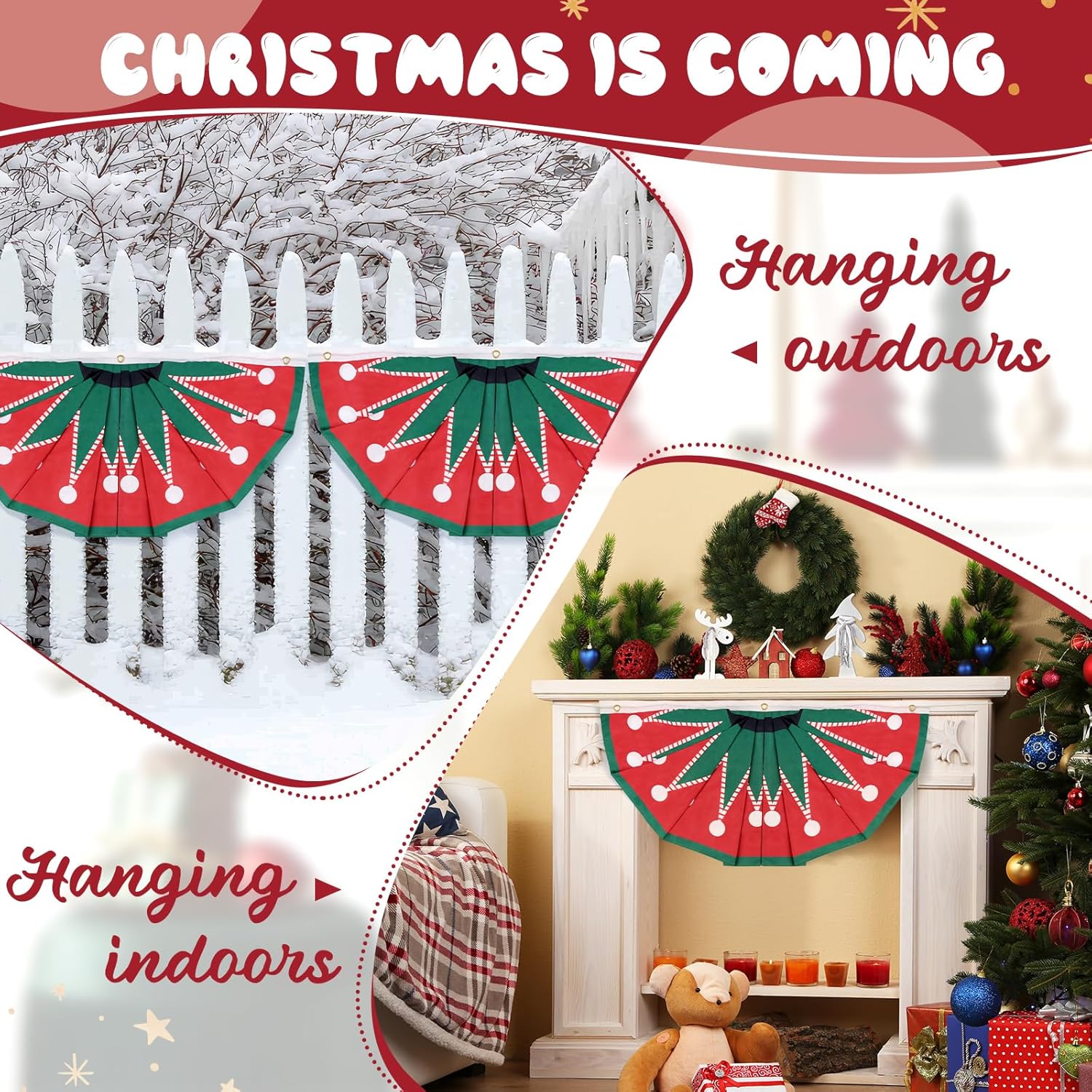 Christmas Decorations for Outdoor 1.5 x 3 Ft - 4 Pack Green & Red Christmas Bunting Flags Banners for Outside, House Pleated Fan Flag for Indoor & Outdoor