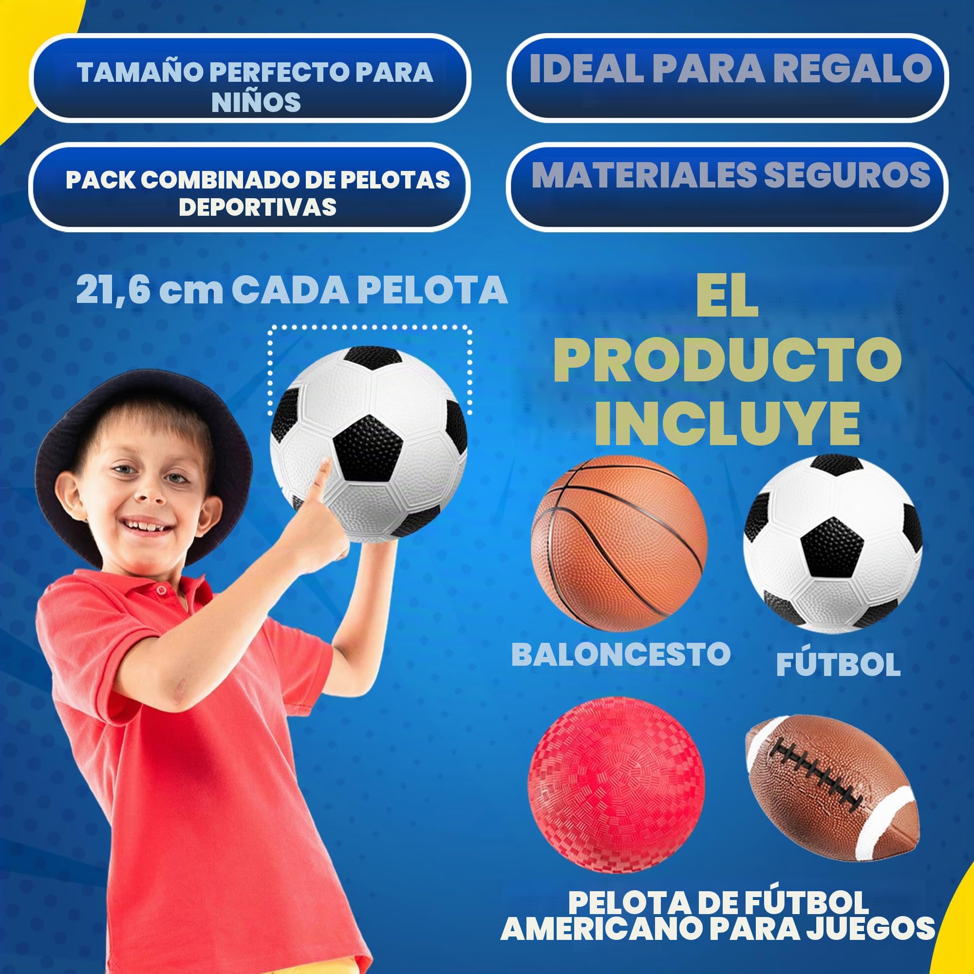 Bedwina Pelotas deportivas con bomba de mano para niños, (paquete de 4) Juego de pelotas deportivas de goma de 6 pulgadas de diámetro que incluye fútbol, pelota de fútbol, baloncesto y parque infantil