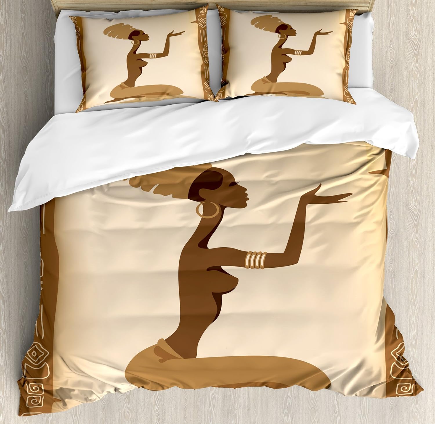 Ambesonne African Duvet Cover Set, Folk Art Element Frame Native Lady Hand Gesture Antique, Decorative 3 Piece Bedding Set with 2 Pillow Shams, King Size, Pale Brown