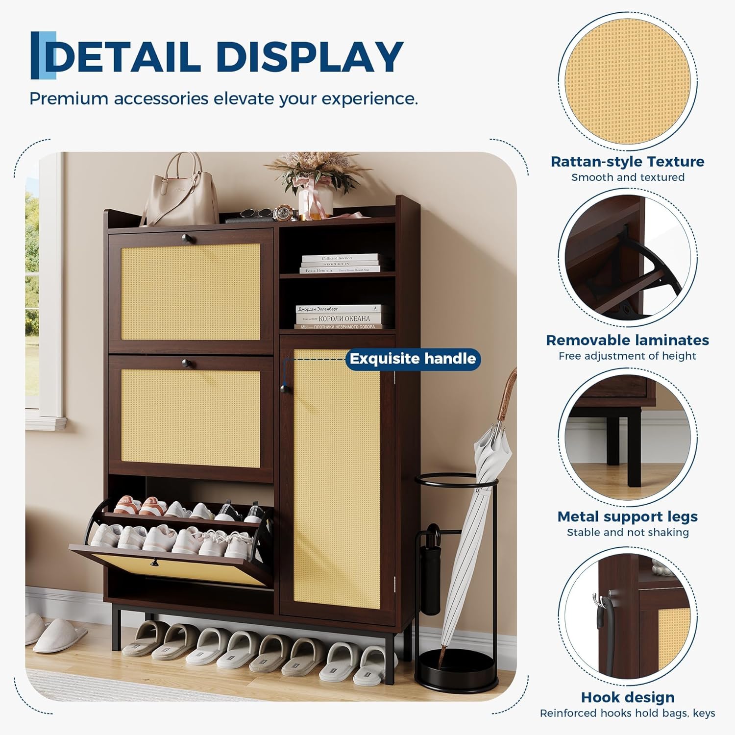 Garvee Freestanding Shoe Cabinet with 3 Flip Drawers and 5 Tier Shelves, Natural Rattan Shoe Organizer Storage for Entryway Hallway Closet