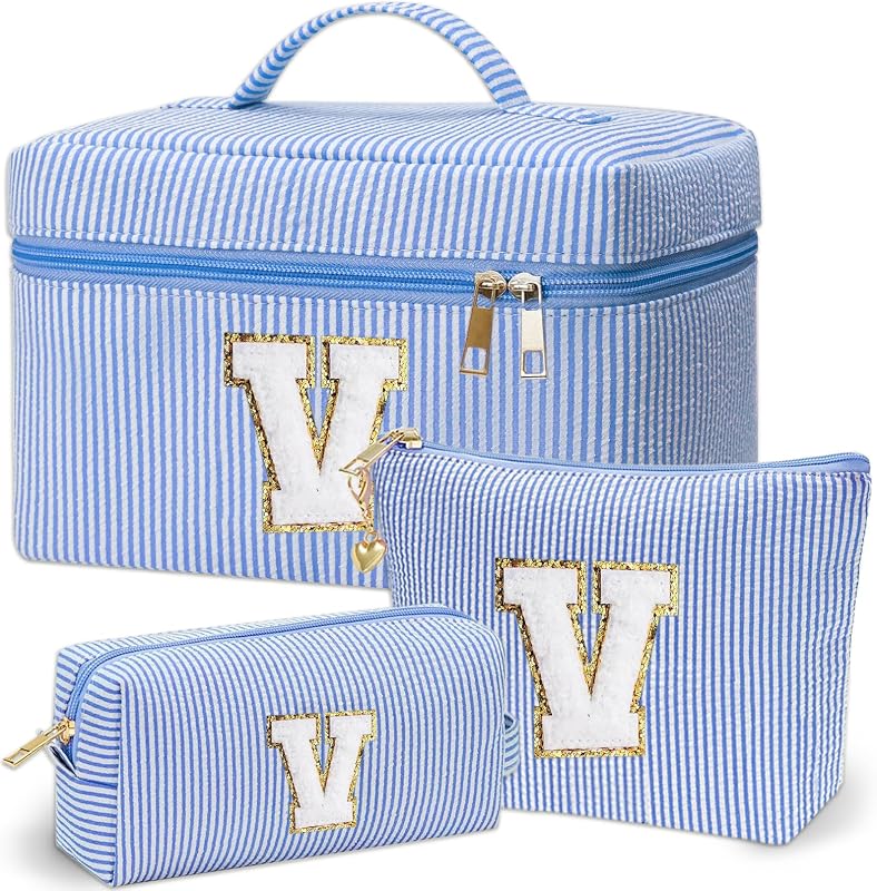 Necessaire de maquiagem com monograma Adoryoung, 3 unidades, modelo V, azul