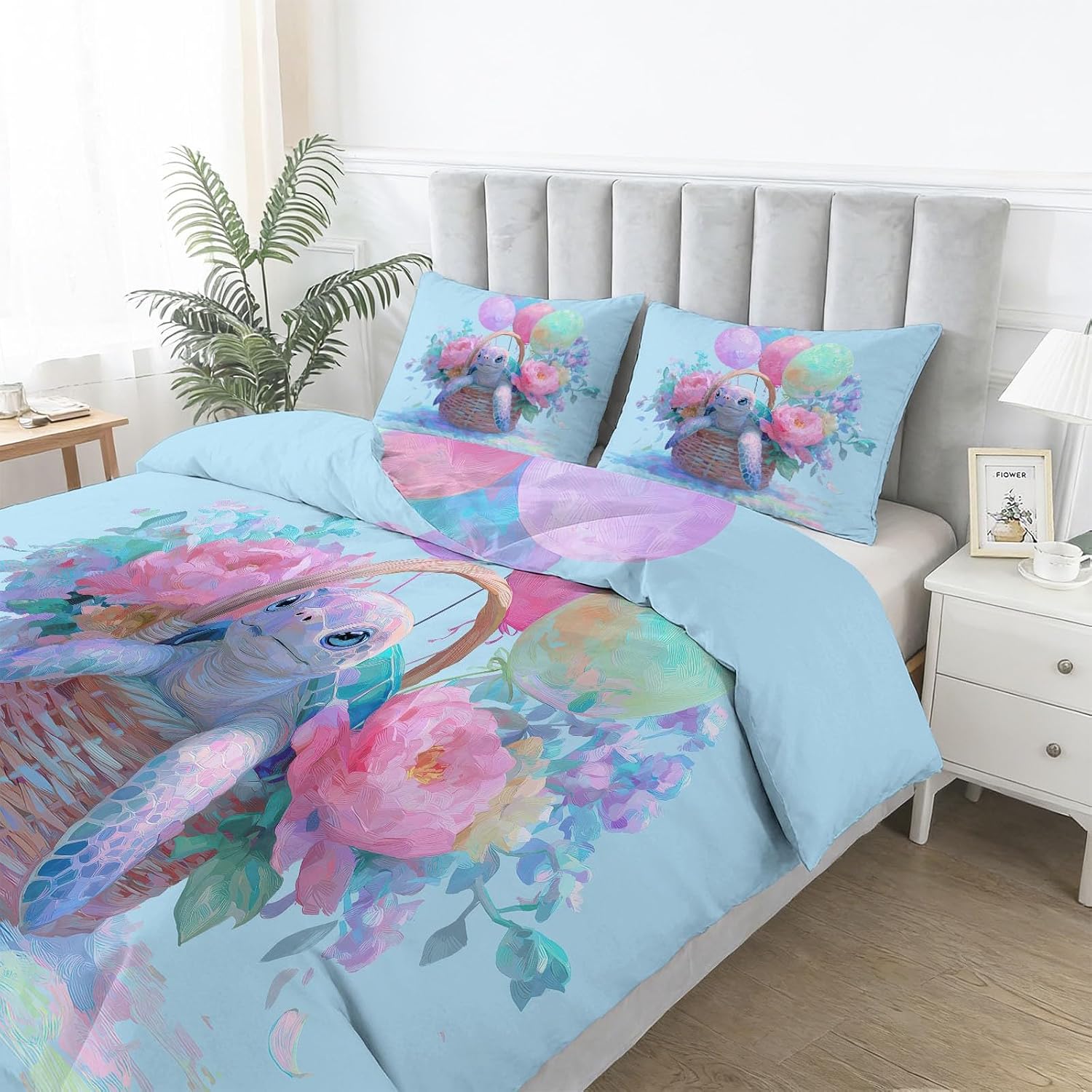 Duvet Cover Sets Watercolor Turtle Flower Basket Balloon Reversible Bedding Printed Sets, King Size 104"x90" Bedding for Kids Boys Girls Adult, Quilt Cover with Zipper Closure 4 Ties, Colorful