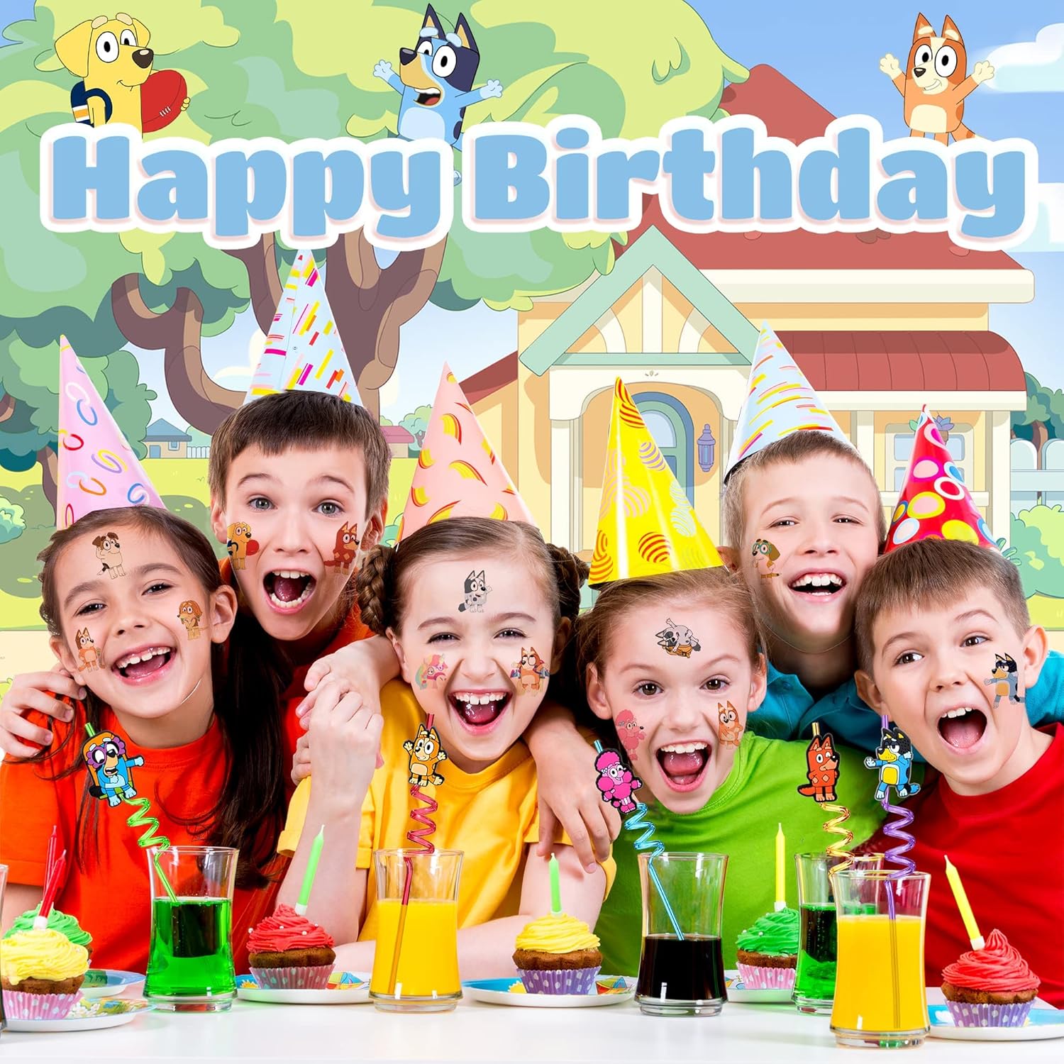 24PCS Reusable Blue Dog Drinking Plastic Straws + 2PCS Blue Dog Temporary Tattoos for Kids, Blue Dog Birthday Party Supplies Decorations Party Favors Gifts Girls Boys Themed Christmas with 2 Brush : Toys & Games