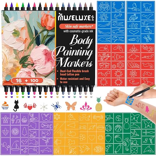 Temporary Tattoo Markers for Skin,Dual-End 16 Count Tattoo Pens(9 Classic/7 Matte Colors)+ 100 Stencils,Body Markers Art for Adults and Kids, Cosmetic-Grade