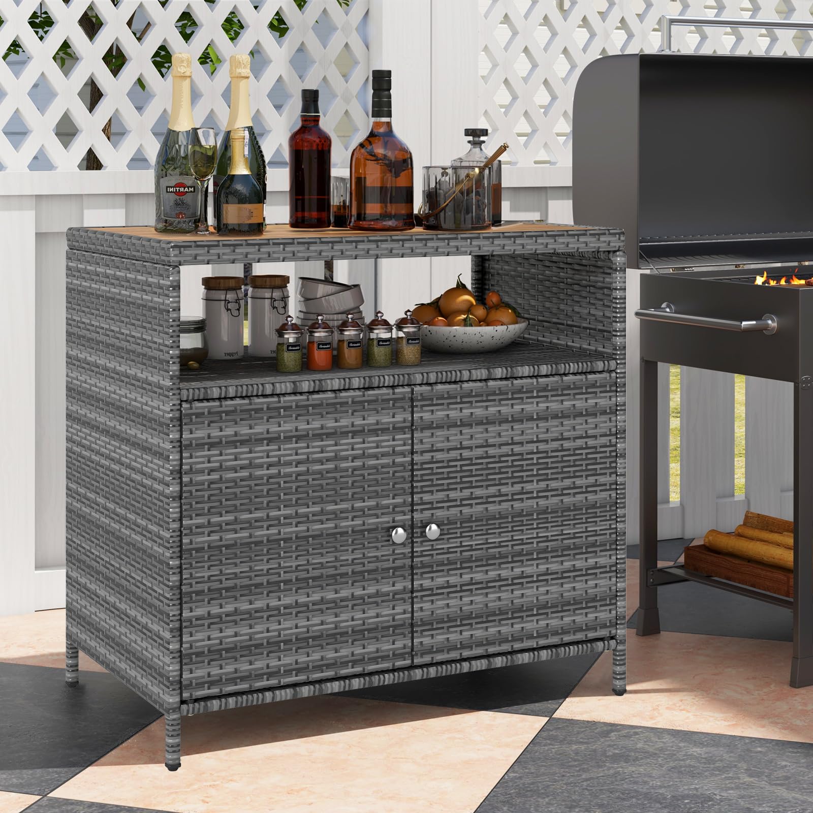 LIFEZEAL Buffet 4 Niveaux Rotin PE Armoire Bois d'Acacia Rangement Extérieur Intérieur 2 Portes 90x53x86 cm Gris