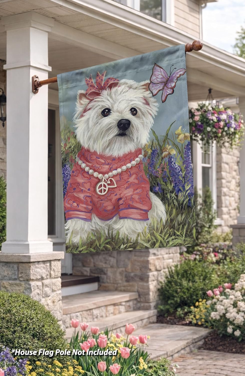 Flagology, West Highland Terrier Westie Butterfly Spring House Flag 28” x 40”, Precious Pets Paintings, Outdoor Spring Decor, Decorative Dog Lover Flag