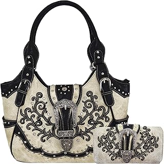 Western Style Tooled Leather Buckle Concealed Carry Purse Country Handbag Women Shoulder Bag Wallet Set (Beige Set)