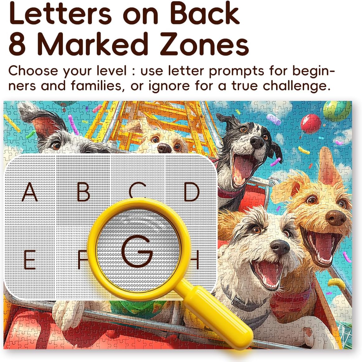 ROSE RAIN Premium 1000 Pieces Jigsaw Puzzles for Adults with Letters on Back Dust-Free Thick HD Board Colorful Cartoon Dogs Roller Coaster Theme Park Animal Art Challenging Family Game Night Fun Gift
