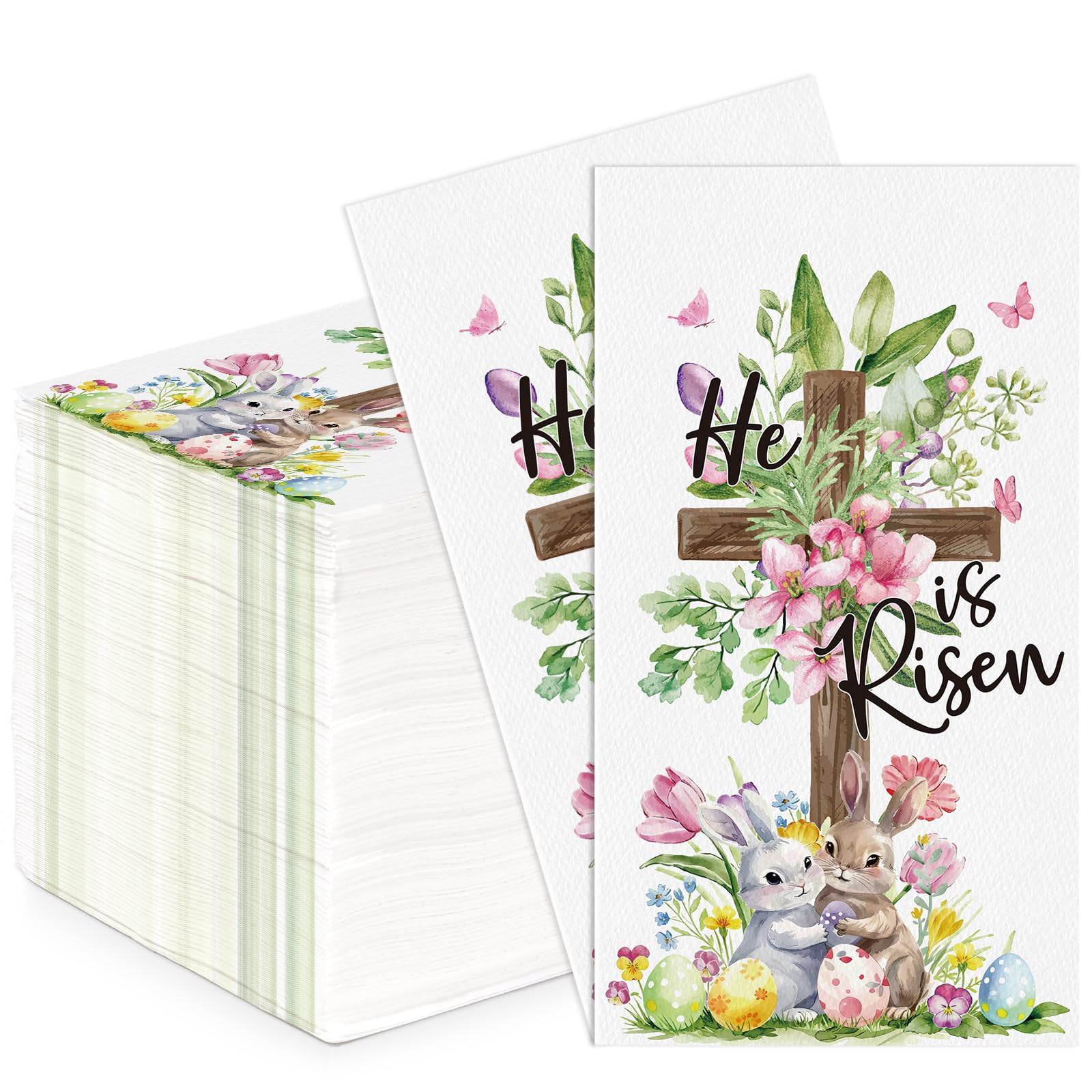 Photo 1 of 100Pcs He Is Risen Napkins, Disposable Easter Paper Napkins, Watercolor Cross Bunny Eggs Flowers Guest Napkin Dinner Hand Towels for Spring Easter Kitchen Bathroom Holiday Party Supplies Table Decor