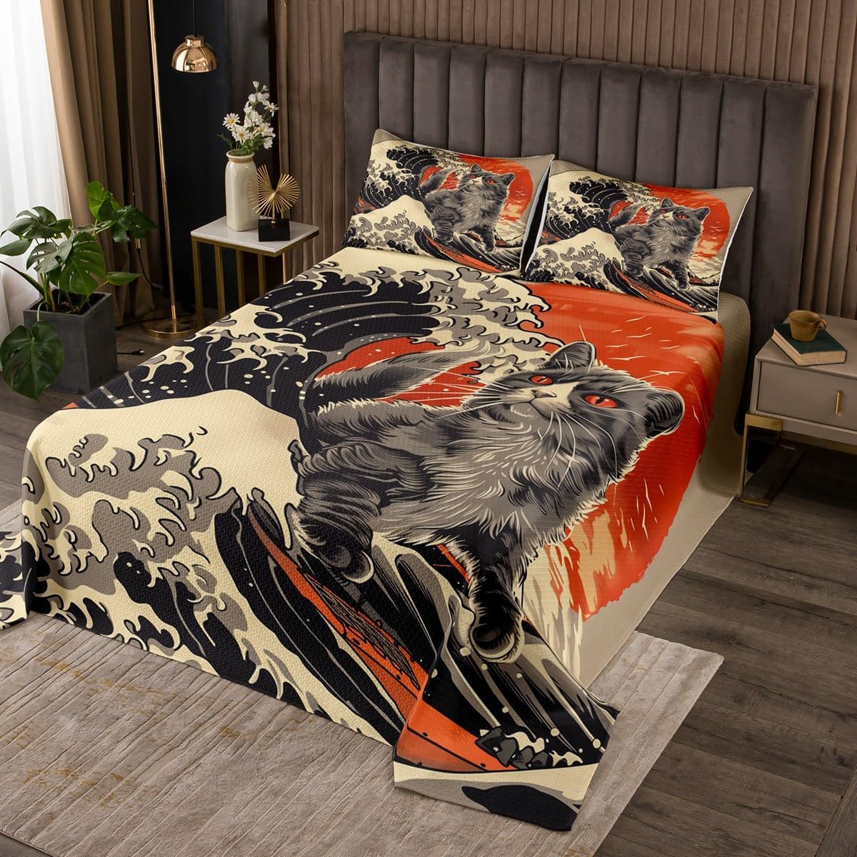 jejeloiu Japanese Ukiyoe Bedspread Watercolor Sun Mountain Bedspread for Kids Boys Girls Exotic Coverlet Set Cherry Blossom Quilted Room 2Pcs Twin Size