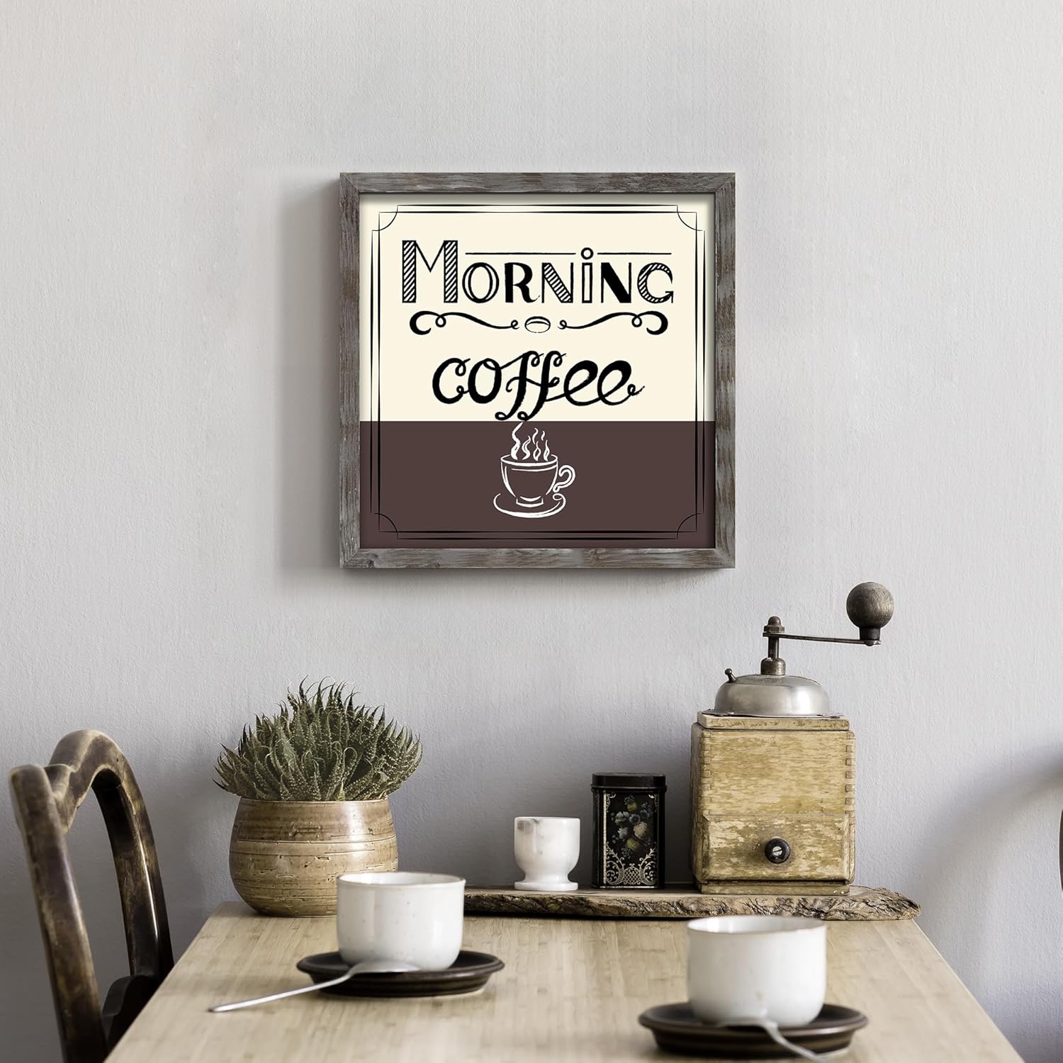 Coffee Wall Art Wood Decor: Kitchen Cafe Framed Picture Rustic Morning Coffee Sign Print Dining Room Bar Cafe Cups Artwork for Farmhouse Home Office 12 x 12 Inches