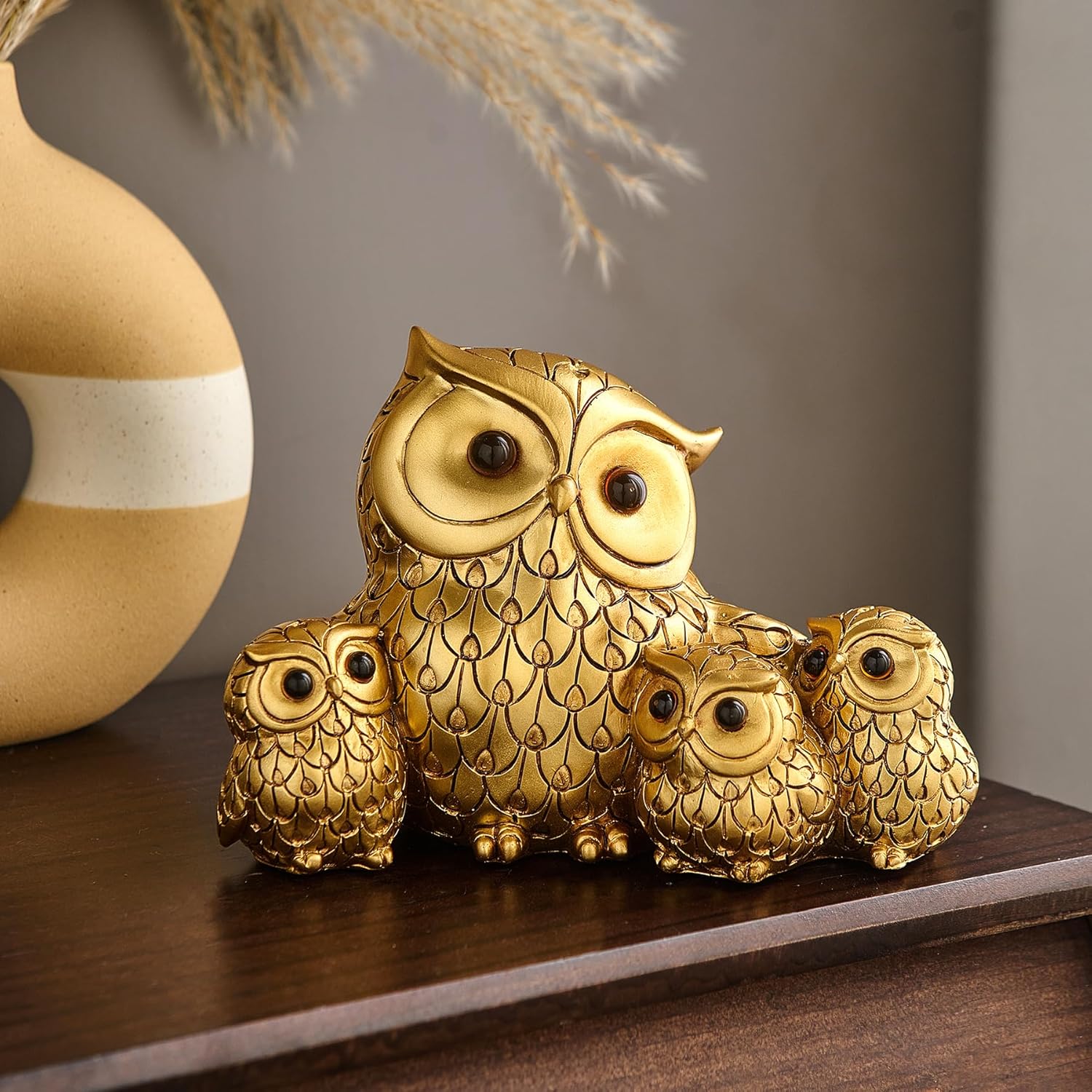 FJS Gold Owl Family Statue Decor - Cute Figurine Home Shelf Decor Accents, Modern Bird Sculpture Table Decorations for Living Room TV Stand Office